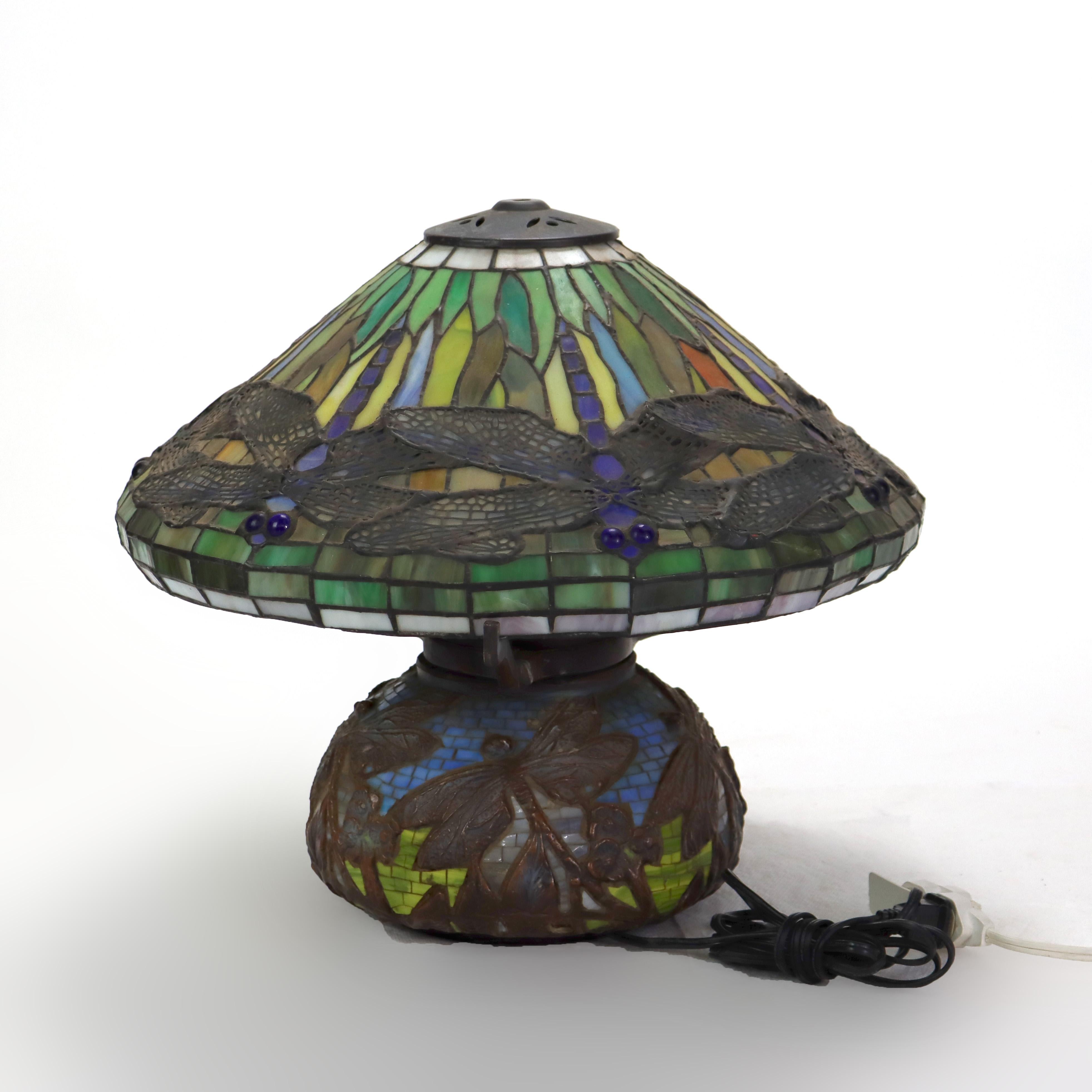 Tiffany Style Leaded Glass Table Lamp with Dragonfly Pattern 20thC For Sale 3