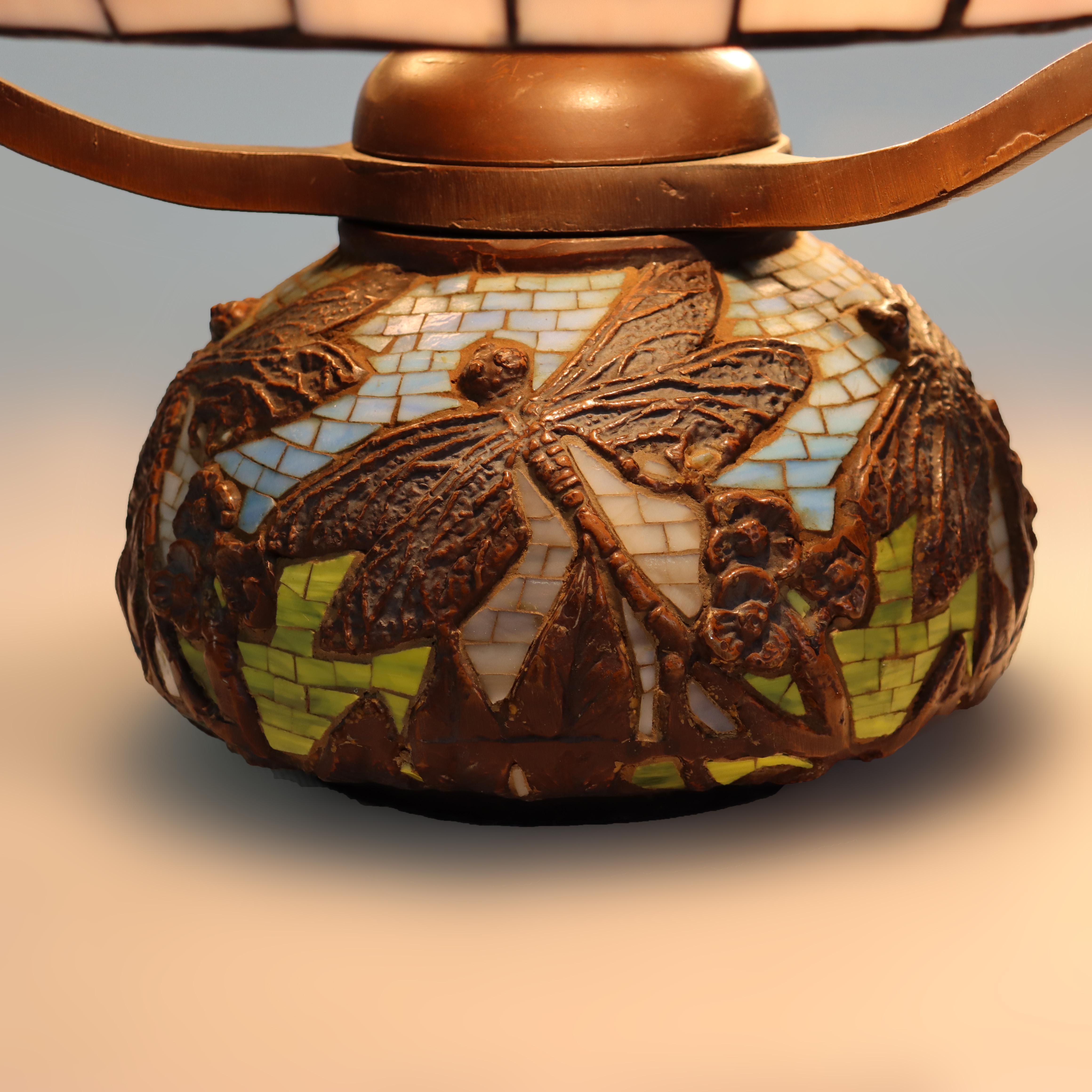 Tiffany Style Leaded Glass Table Lamp with Dragonfly Pattern 20thC For Sale 4