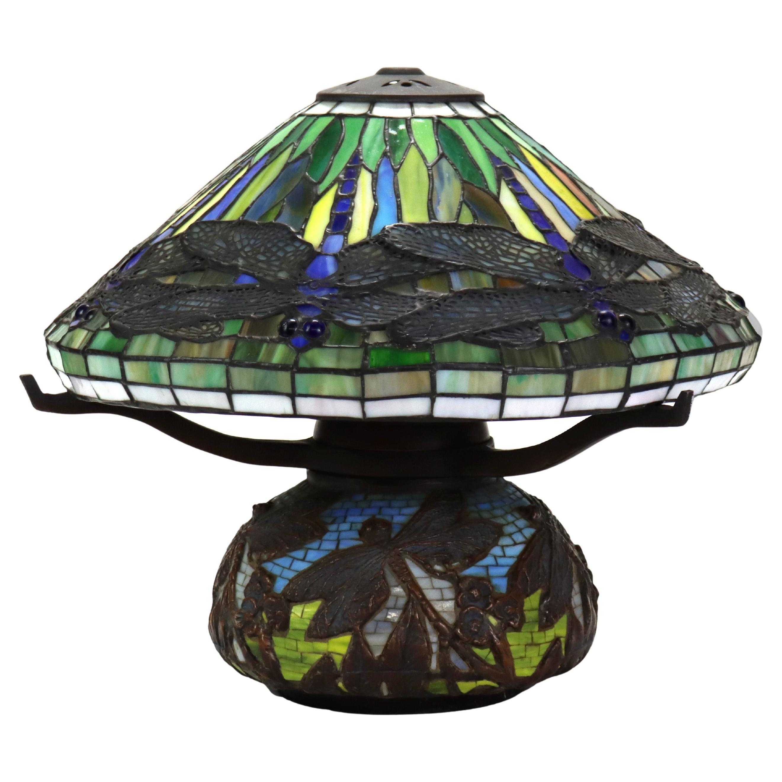 Tiffany Style Leaded Glass Table Lamp with Dragonfly Pattern 20thC