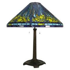 Tiffany Style Leaded Stained Glass Daffodil Table Lamp With Bronzed Base 20thC