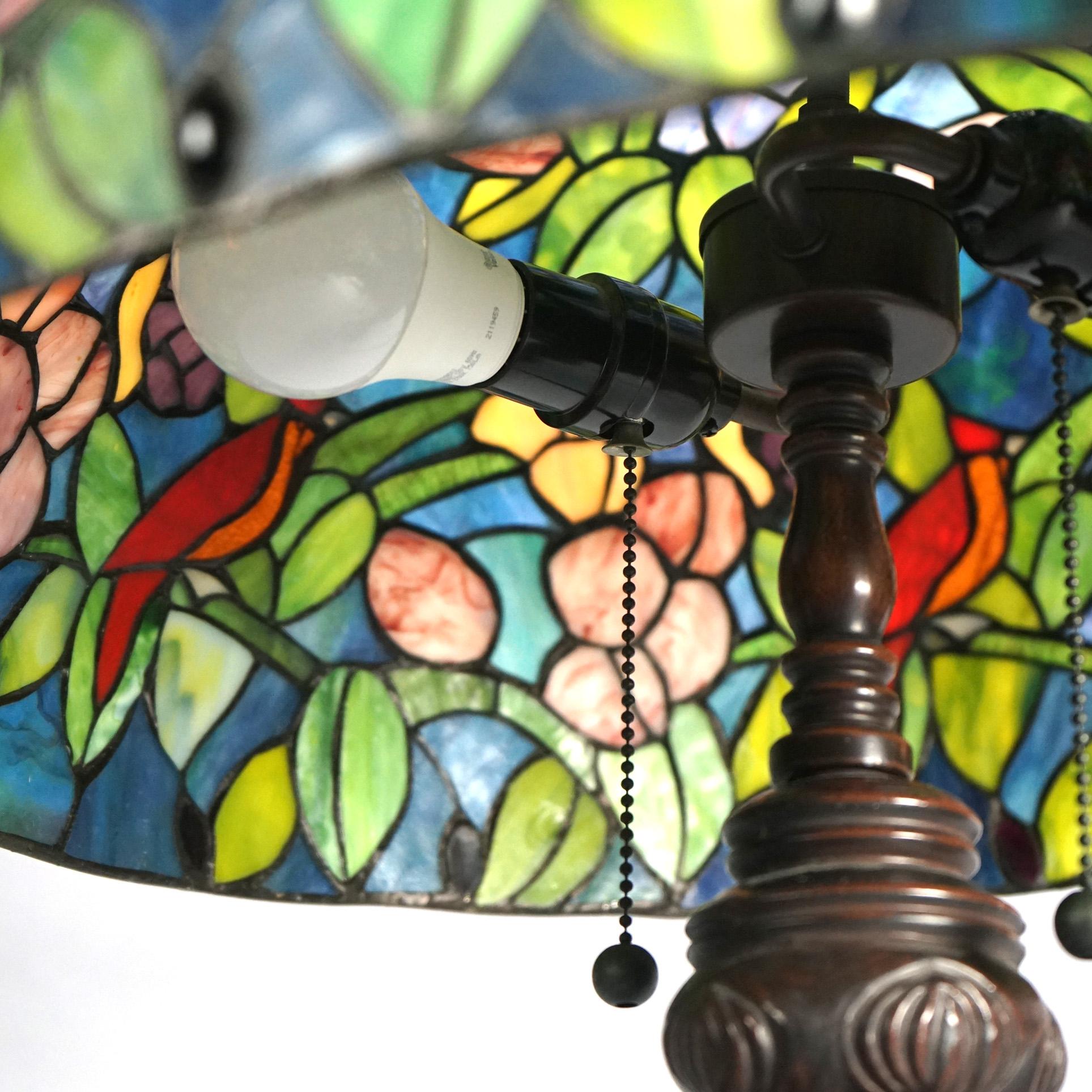 Tiffany Style Leaded Stained Glass Lamp with Flower & Cardinal Pattern 20th 2