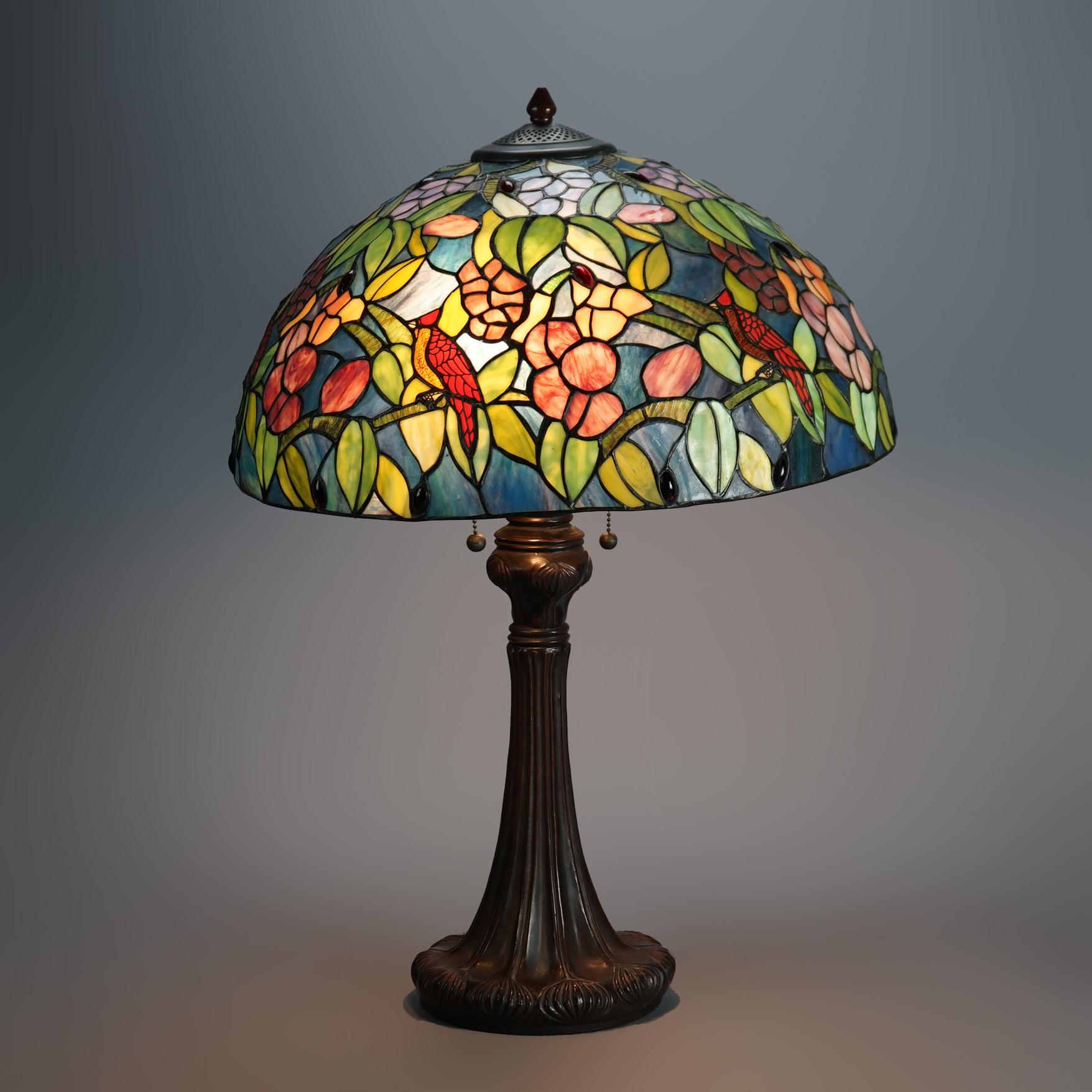 Tiffany Style Leaded Stained Glass Lamp with Flower & Cardinal Pattern over Double Socket Base 20th

Measures- 27.5''H x 20''W x 20''D