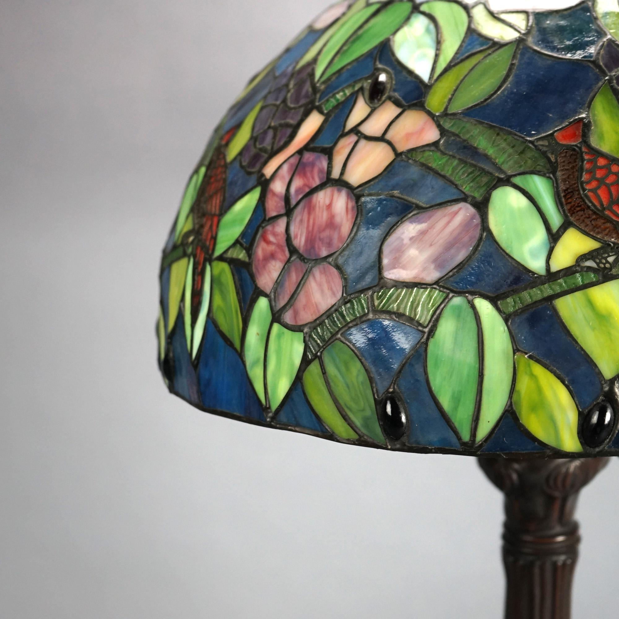 American Tiffany Style Leaded Stained Glass Lamp with Flower & Cardinal Pattern 20th