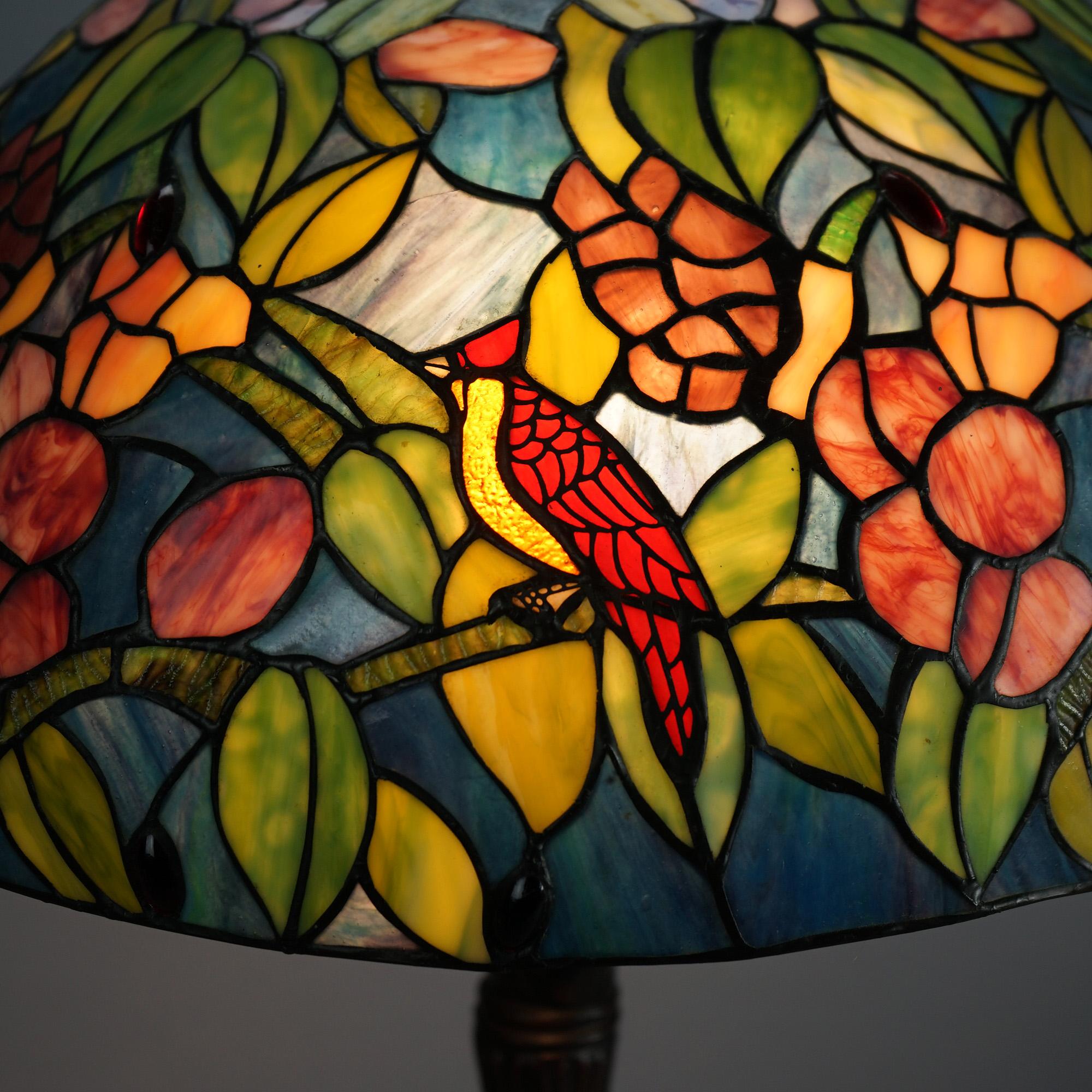Tiffany Style Leaded Stained Glass Lamp with Flower & Cardinal Pattern 20th In Good Condition In Big Flats, NY