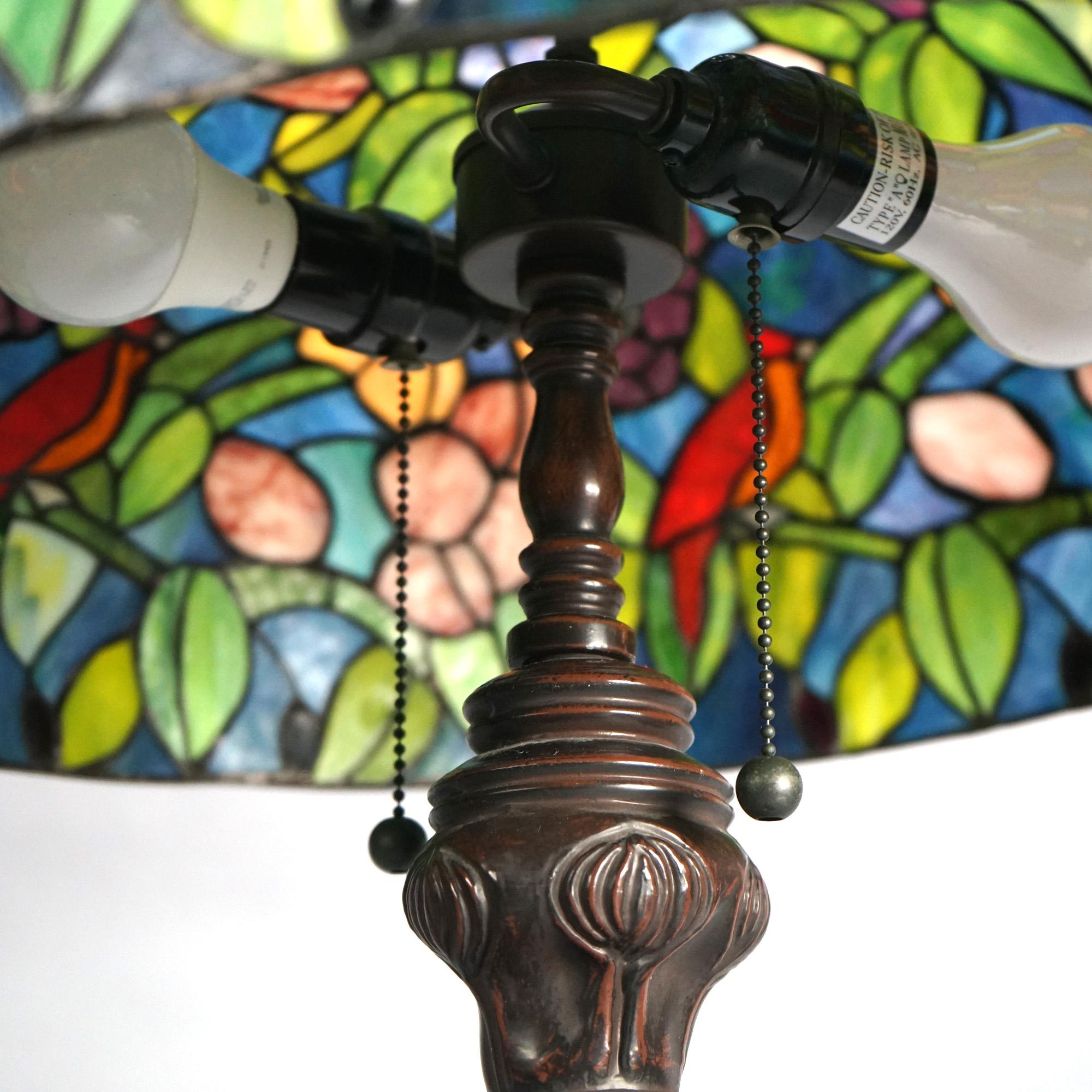 20th Century Tiffany Style Leaded Stained Glass Lamp with Flower & Cardinal Pattern 20th