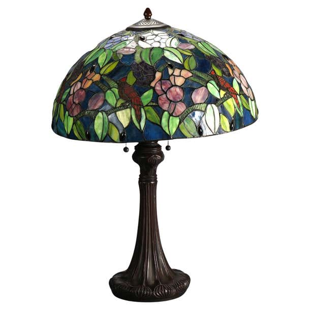 Tiffany Style Leaded Stained Glass Lamp with Flower and Cardinal ...
