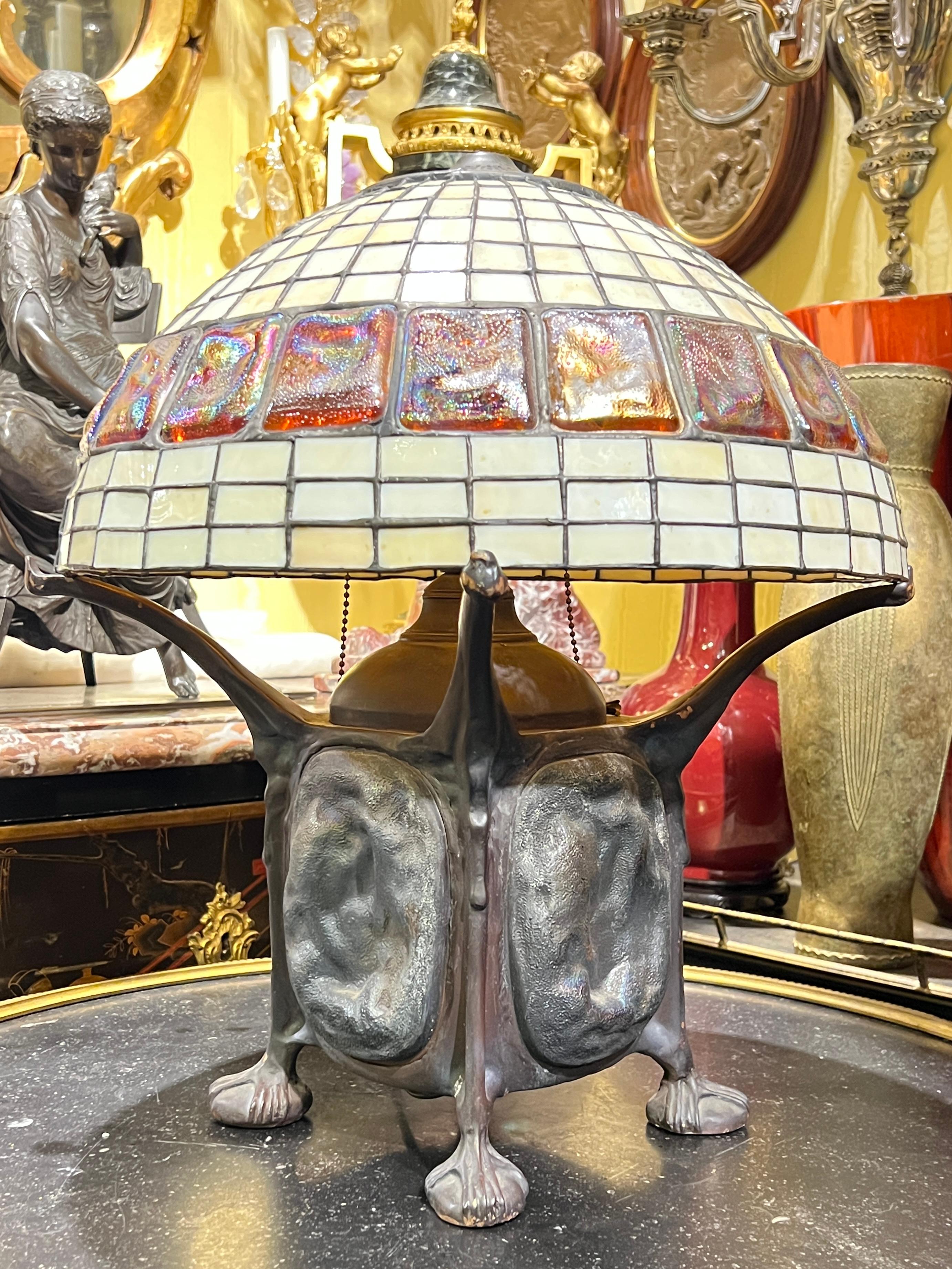 Arts and Crafts Tiffany Style Leaded Turtle Back Glass and Bronze Table Lamp For Sale