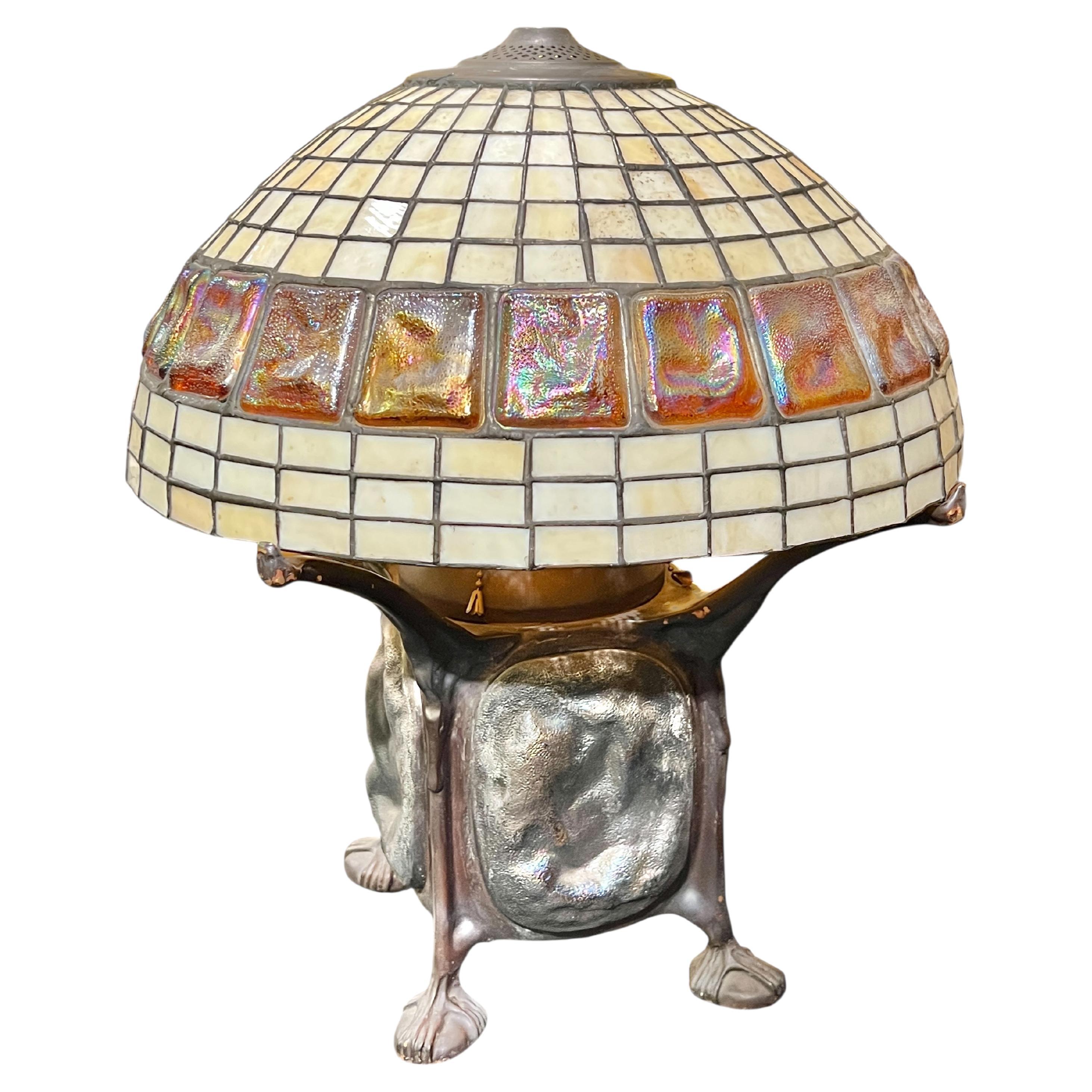 Tiffany Style Leaded Turtle Back Glass and Bronze Table Lamp For Sale