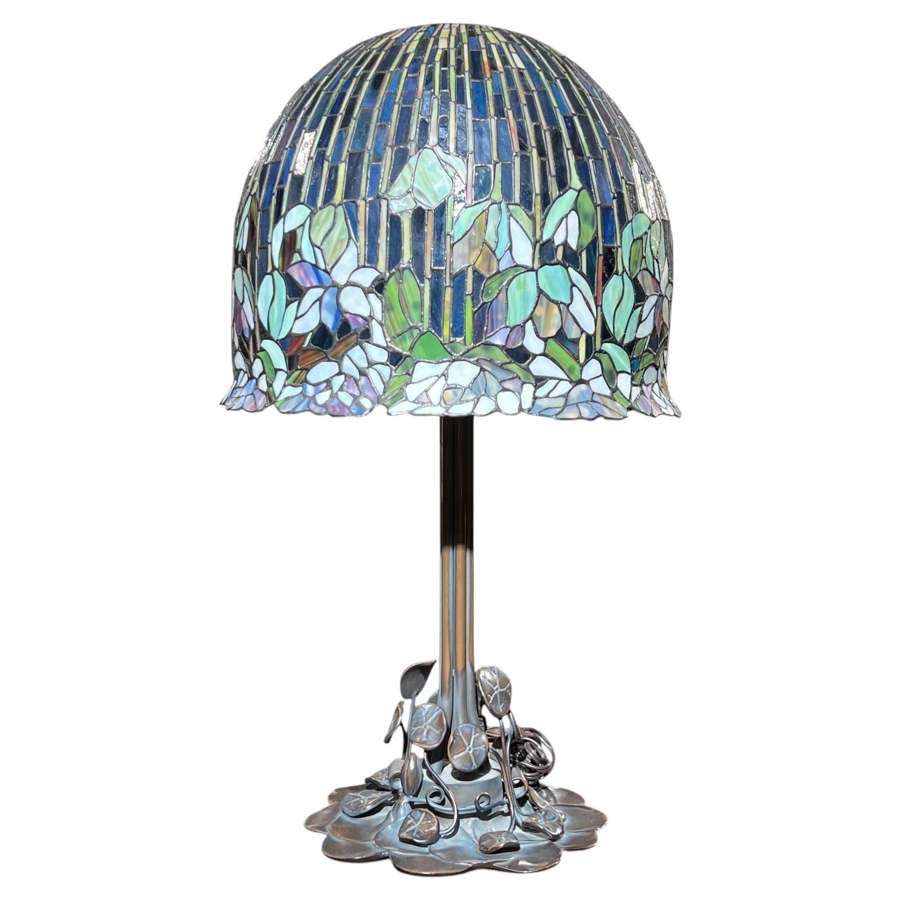 Tiffany Style Lotus Flower and Lily Leaded Glass Table Lamp