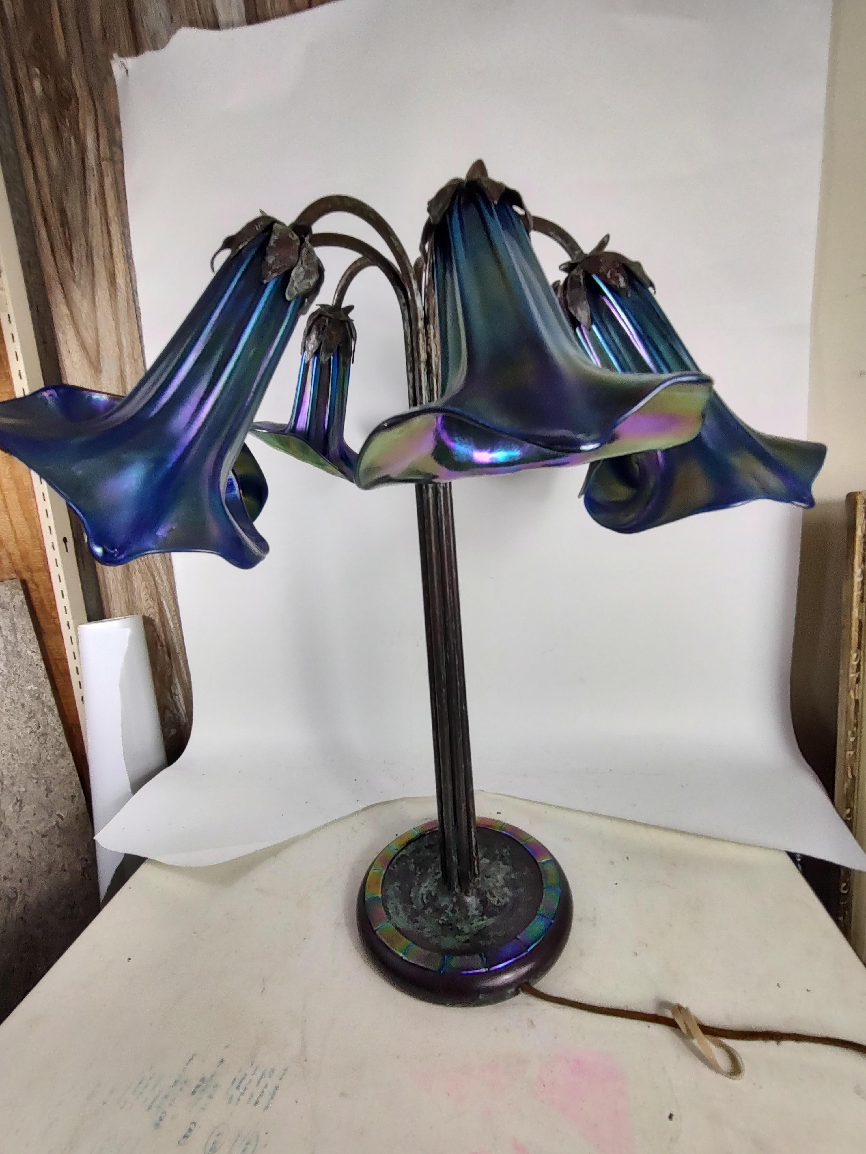 Bronze Tiffany Style Seven Light Lily Lamp  Favrille Glass Base Signed Tiffany Studios For Sale