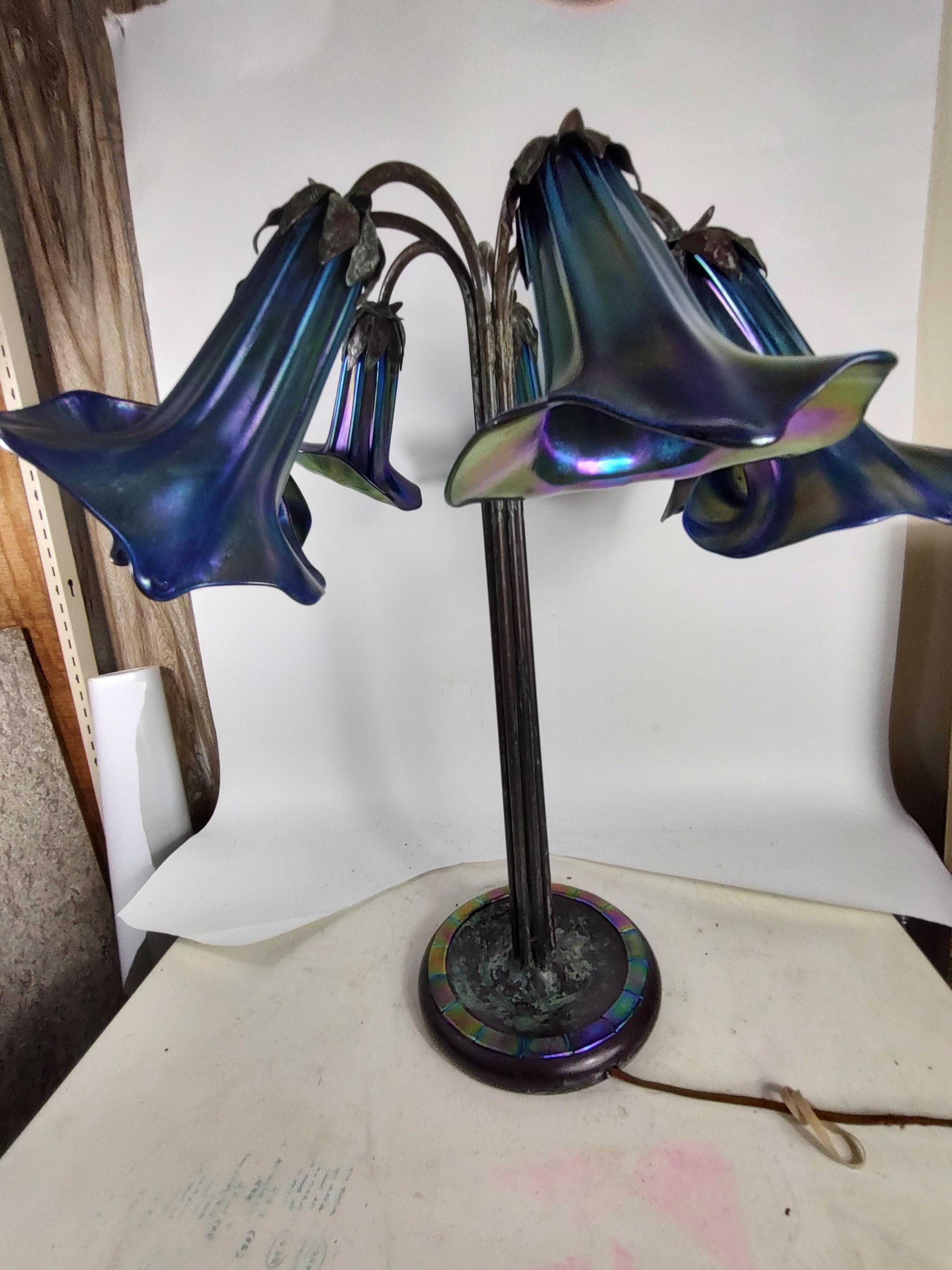 Tiffany Style Seven Light Lily Lamp  Favrille Glass Base Signed Tiffany Studios For Sale 4