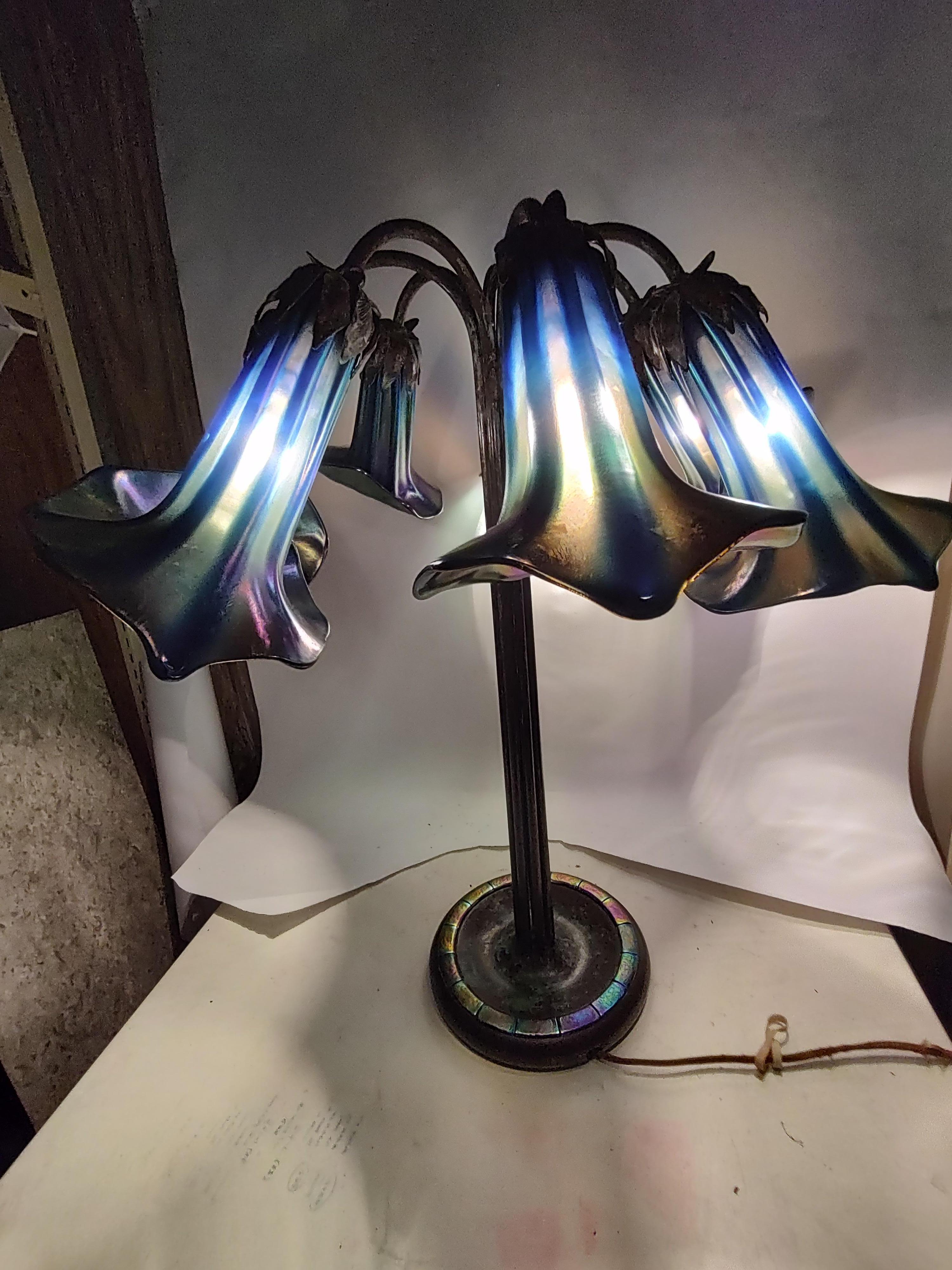 Tiffany Style Seven Light Lily Lamp  Favrille Glass Base Signed Tiffany Studios For Sale 2