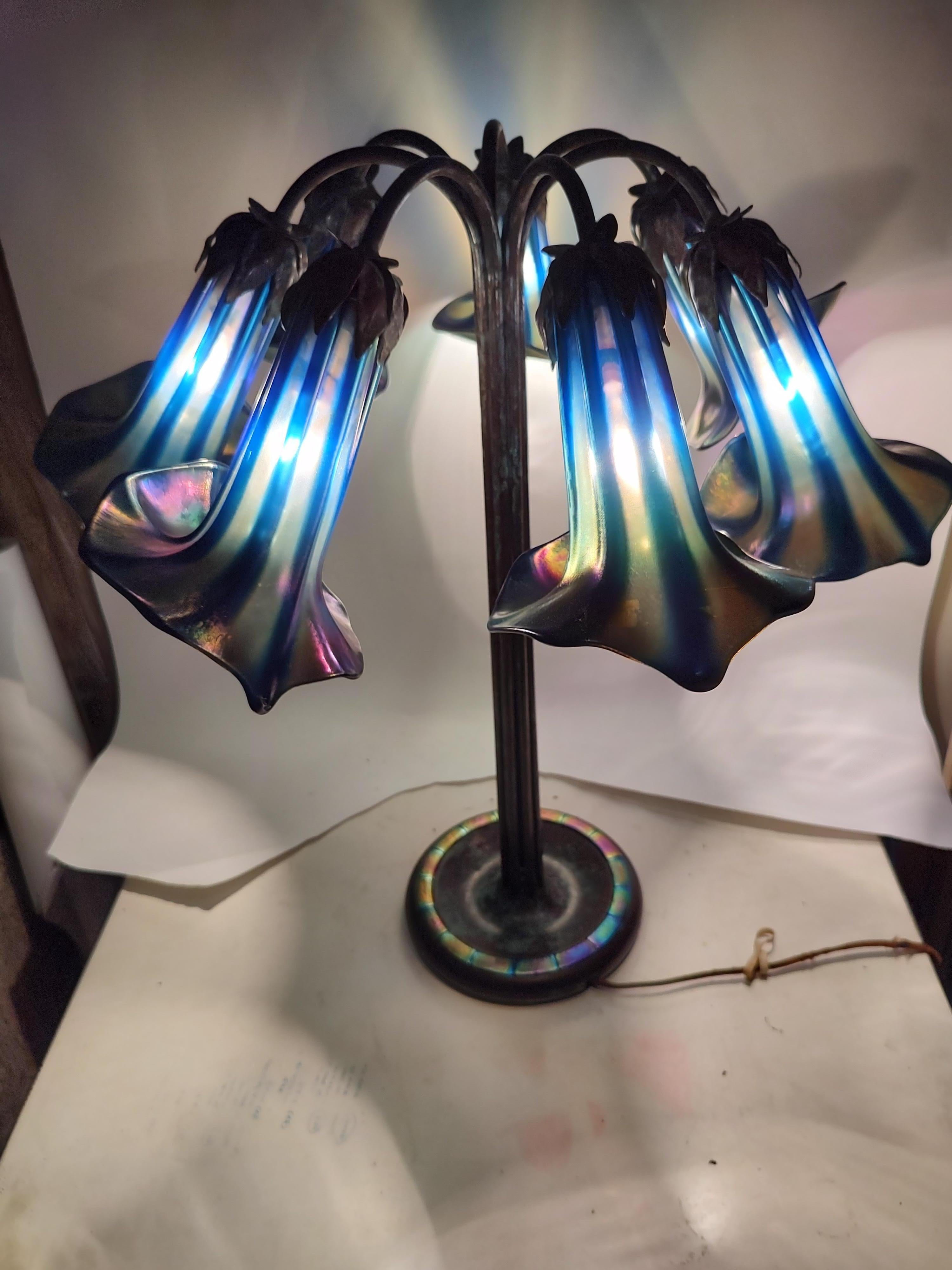 Tiffany Style Seven Light Lily Lamp  Favrille Glass Base Signed Tiffany Studios For Sale 6