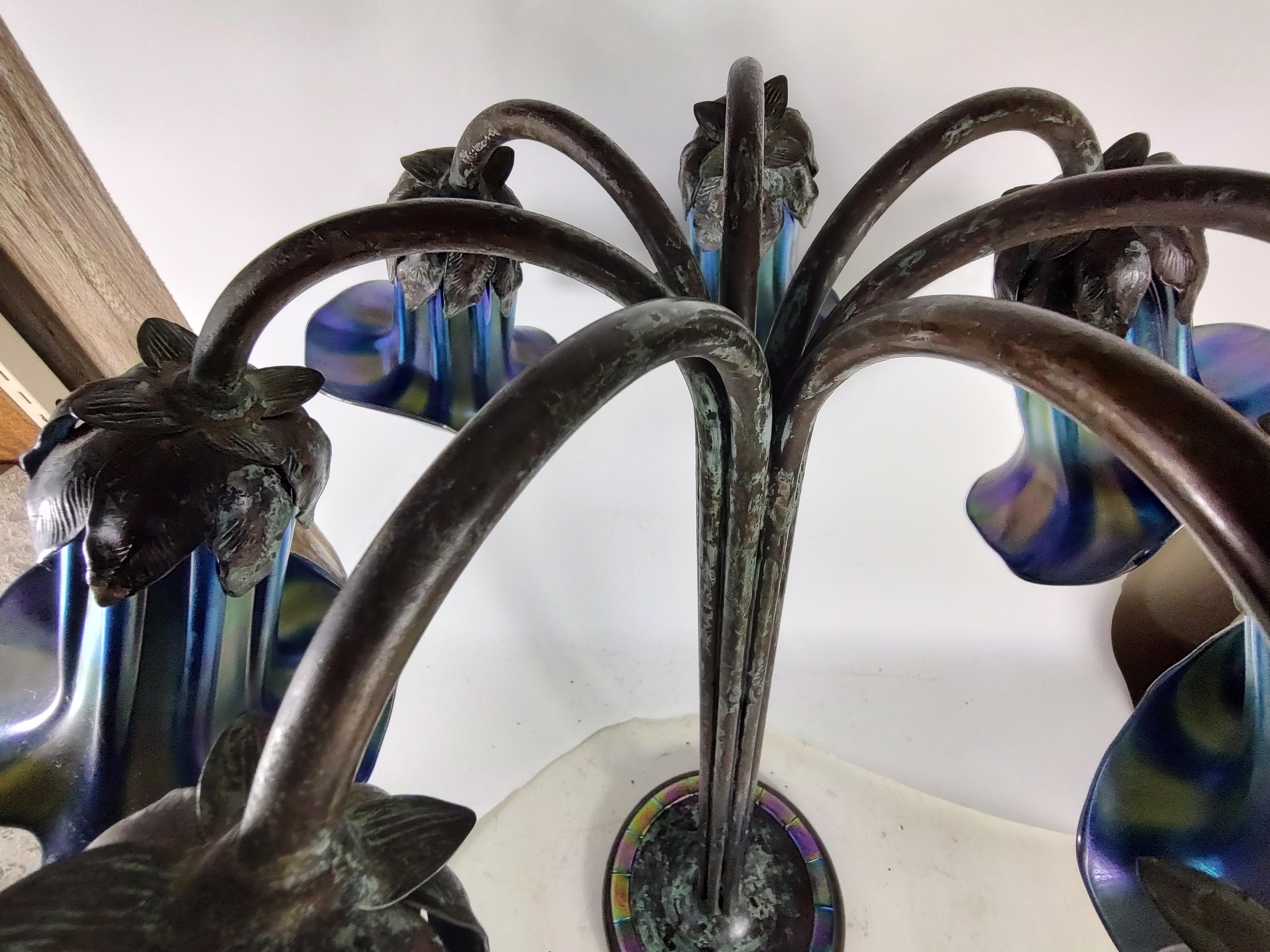 Mid-20th Century Tiffany Style Seven Light Lily Lamp  Favrille Glass Base Signed Tiffany Studios For Sale