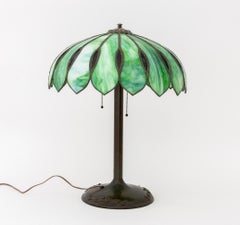 Tiffany Style Slag Glass Table Lamp, Bronze Base, Art Nouveau, USA