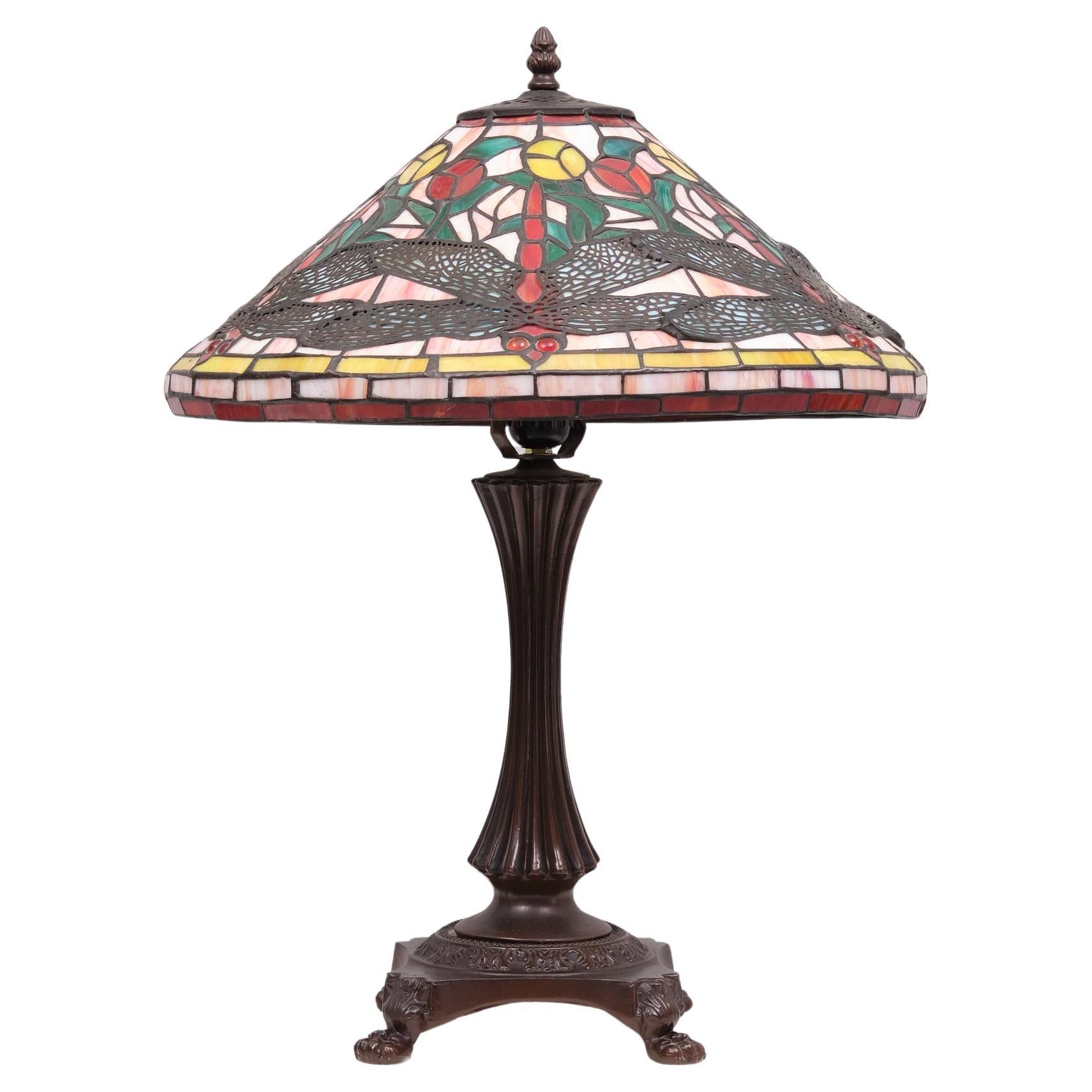 Tiffany style stained Glass Dragonfly Table lamp 1980s   For Sale