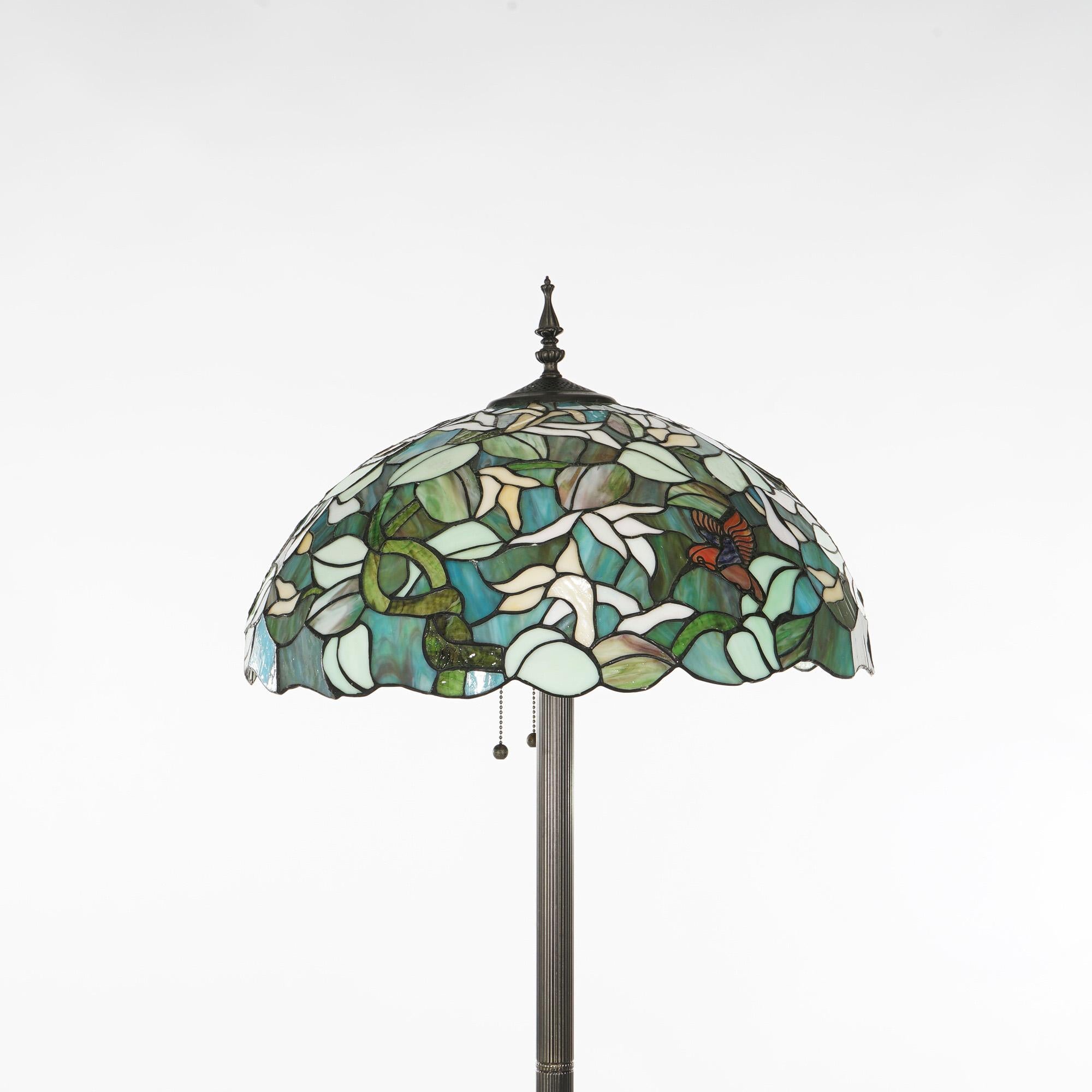 American Tiffany Style Stained Glass Floor Lamp with Flower & Hummingbird 20thC