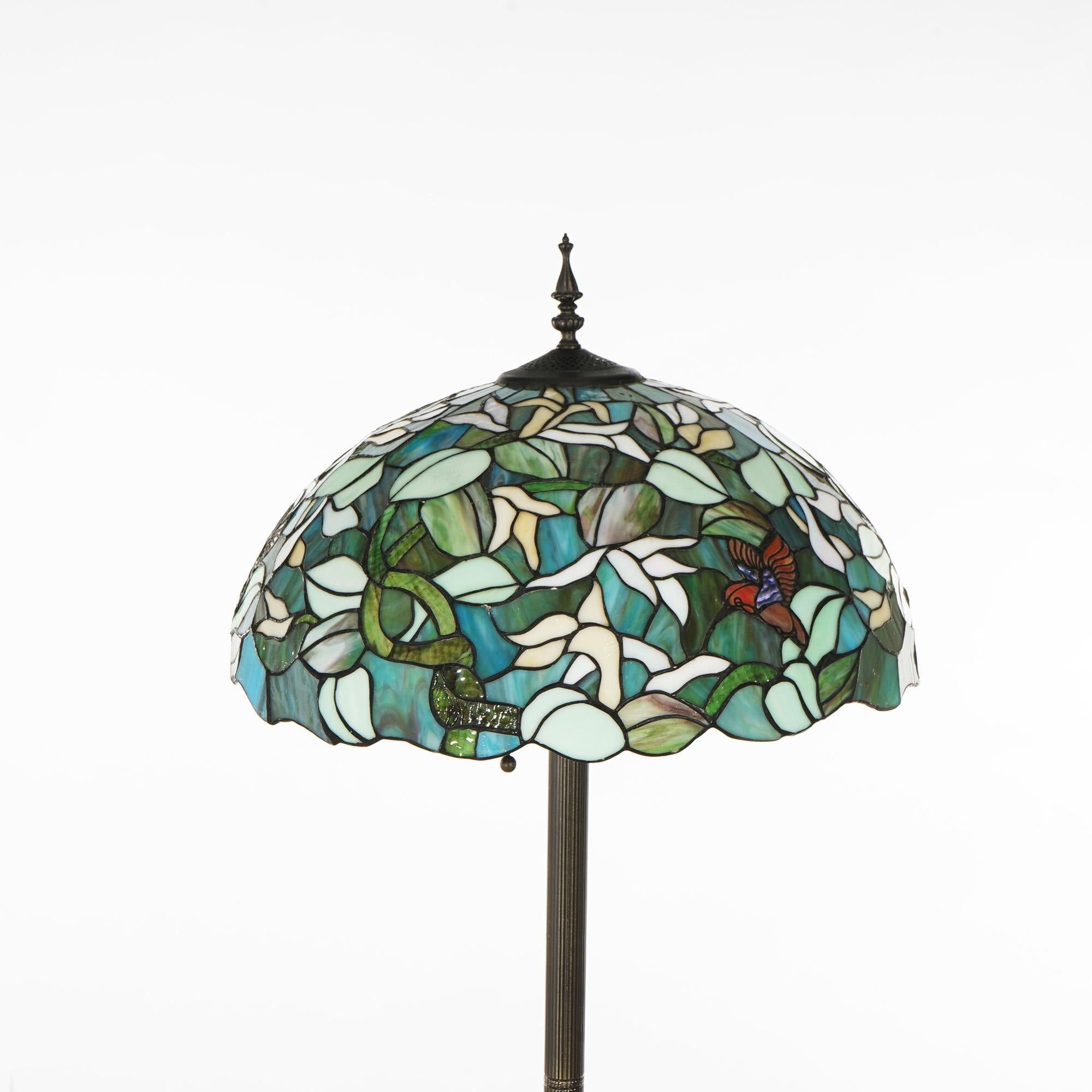 Tiffany Style Stained Glass Floor Lamp with Flower & Hummingbird 20thC In Good Condition In Big Flats, NY