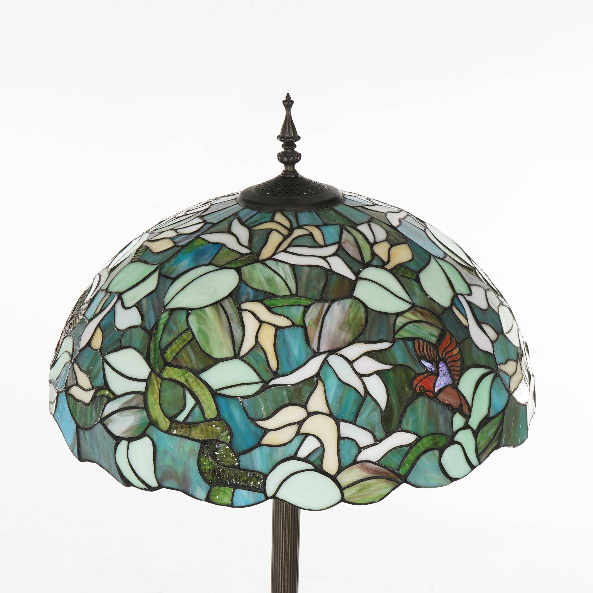 20th Century Tiffany Style Stained Glass Floor Lamp with Flower & Hummingbird 20thC