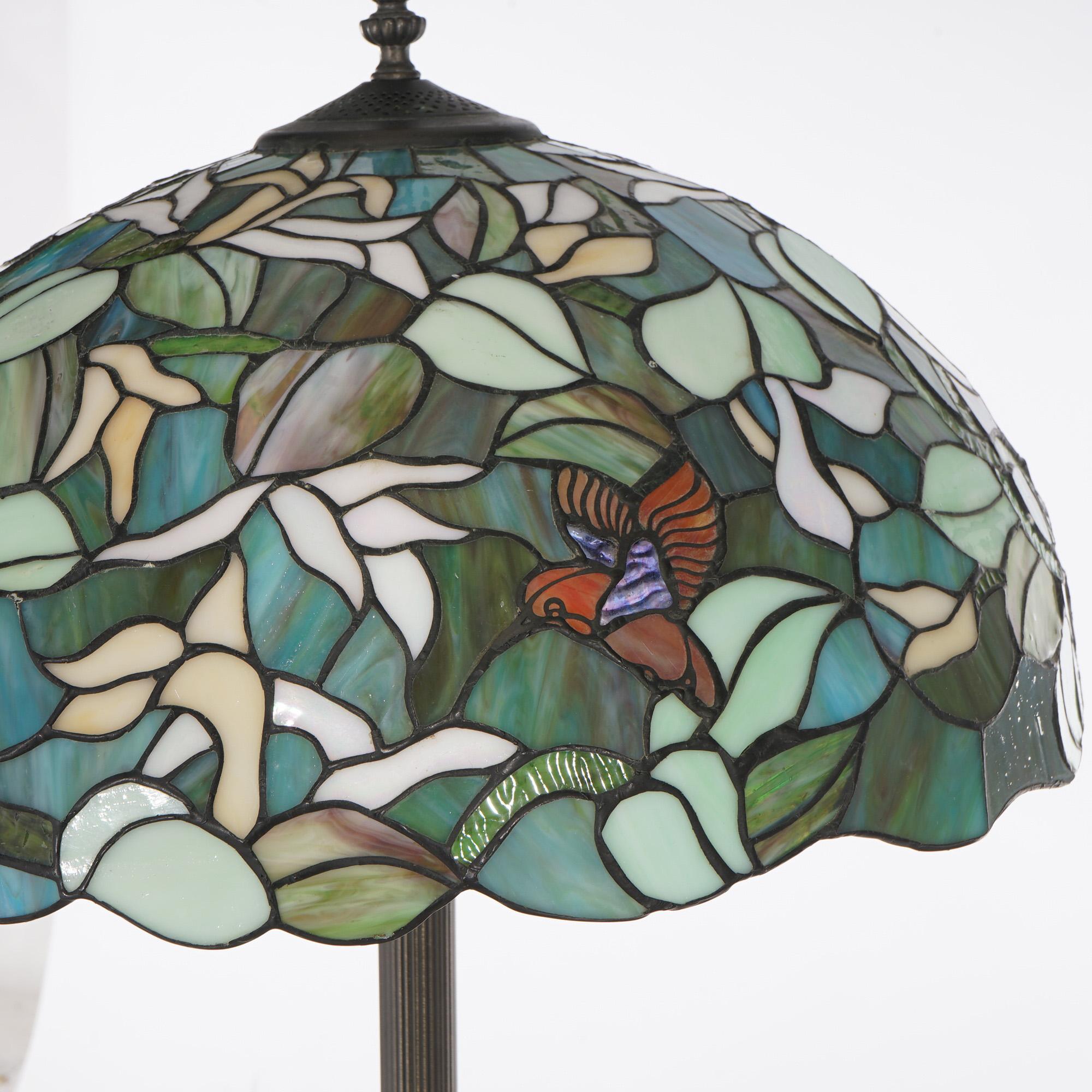 Tiffany Style Stained Glass Floor Lamp with Flower & Hummingbird 20thC 1