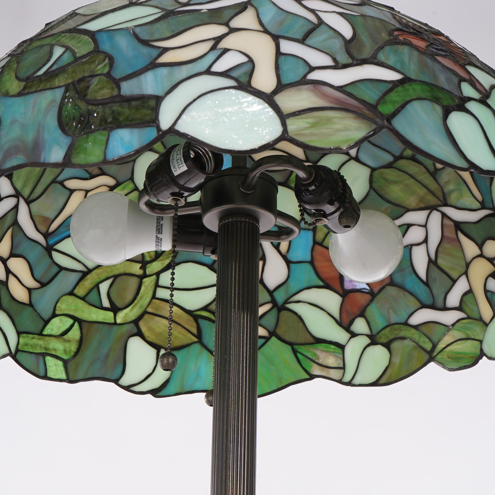Tiffany Style Stained Glass Floor Lamp with Flower & Hummingbird 20thC 3