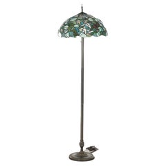 Tiffany Style Stained Glass Floor Lamp with Flower & Hummingbird 20thC