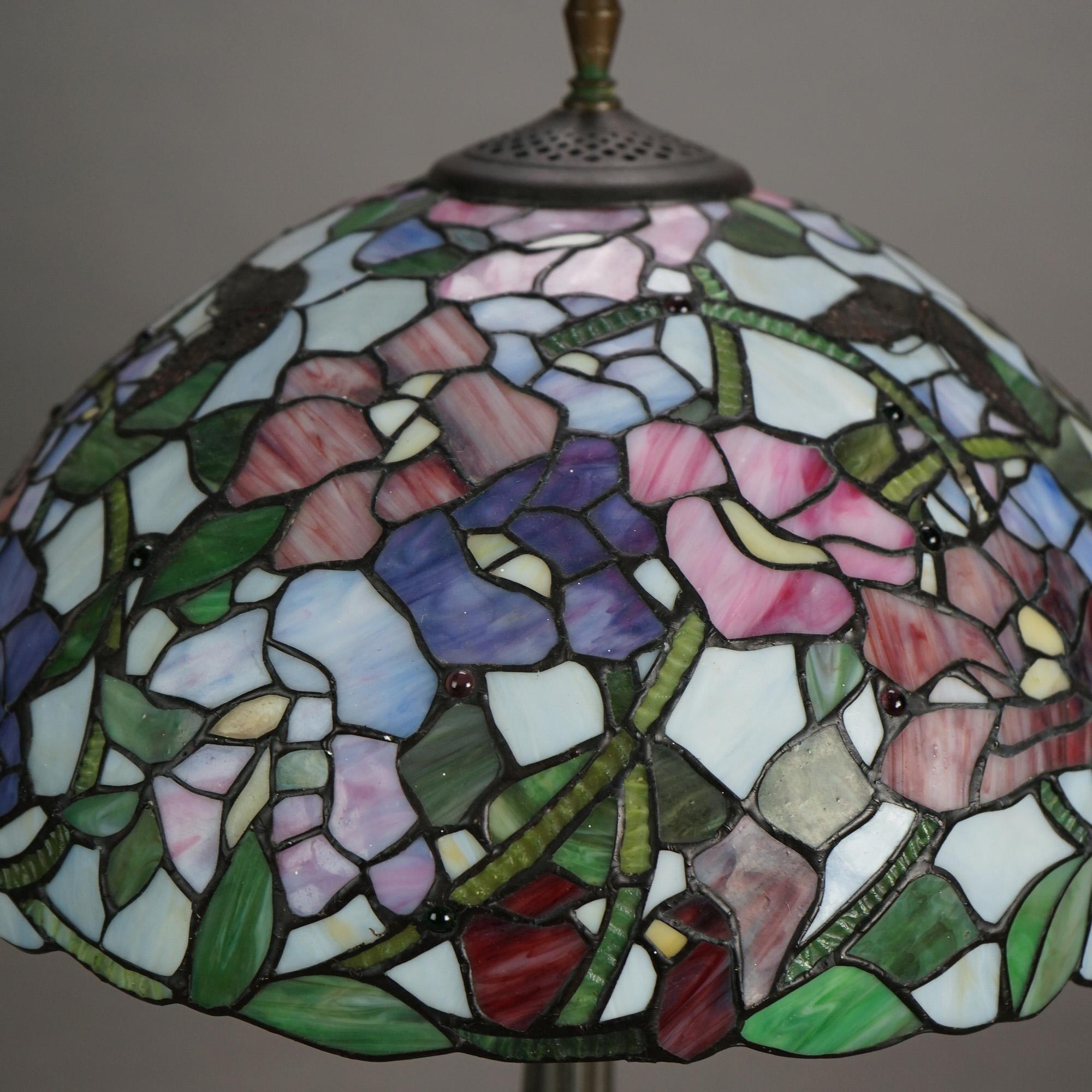 Tiffany Style Stained Glass Table Lamp with Flower & Butterfly Pattern 20thC 3