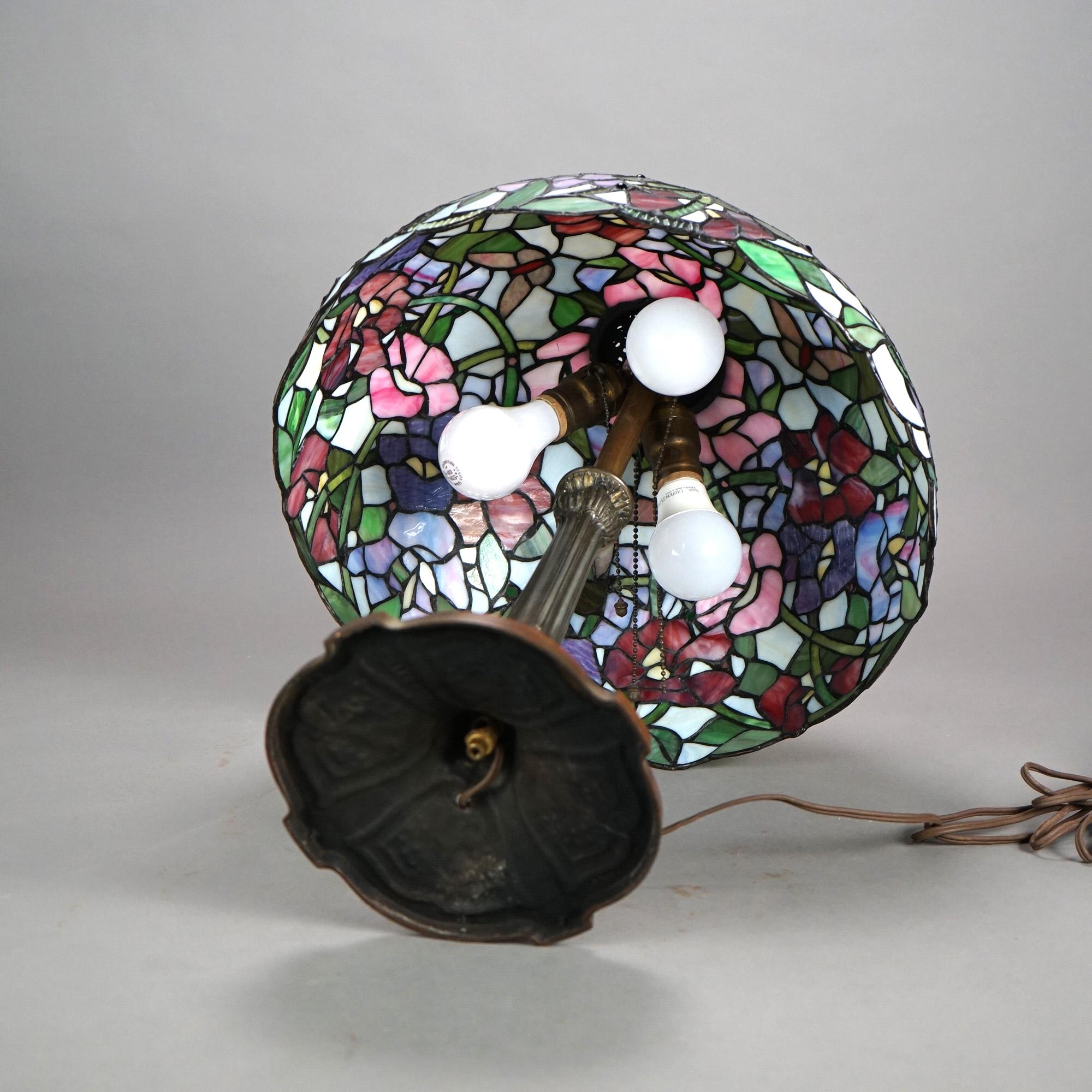 Tiffany Style Stained Glass Table Lamp with Flower & Butterfly Pattern 20thC 6