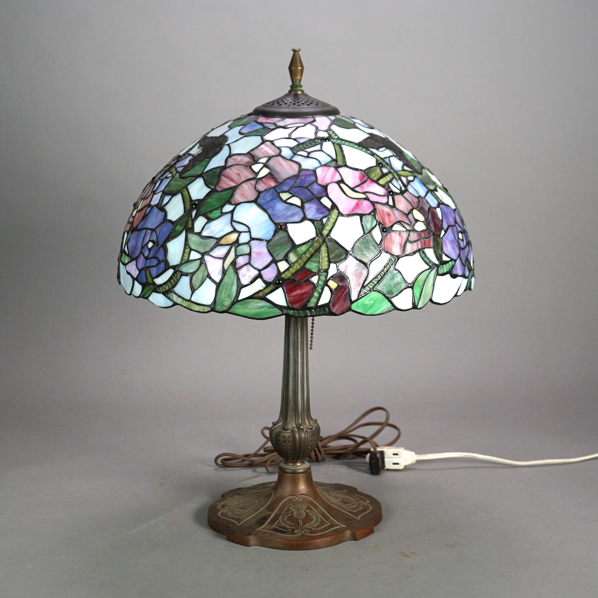 Tiffany Style Stained Glass Table Lamp with Dome Form Shade having Floral Pattern with Butterflies & Triple Socket Base 20thC

Measures - 21.25