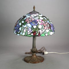Tiffany Style Stained Glass Table Lamp with Flower & Butterfly Pattern 20thC