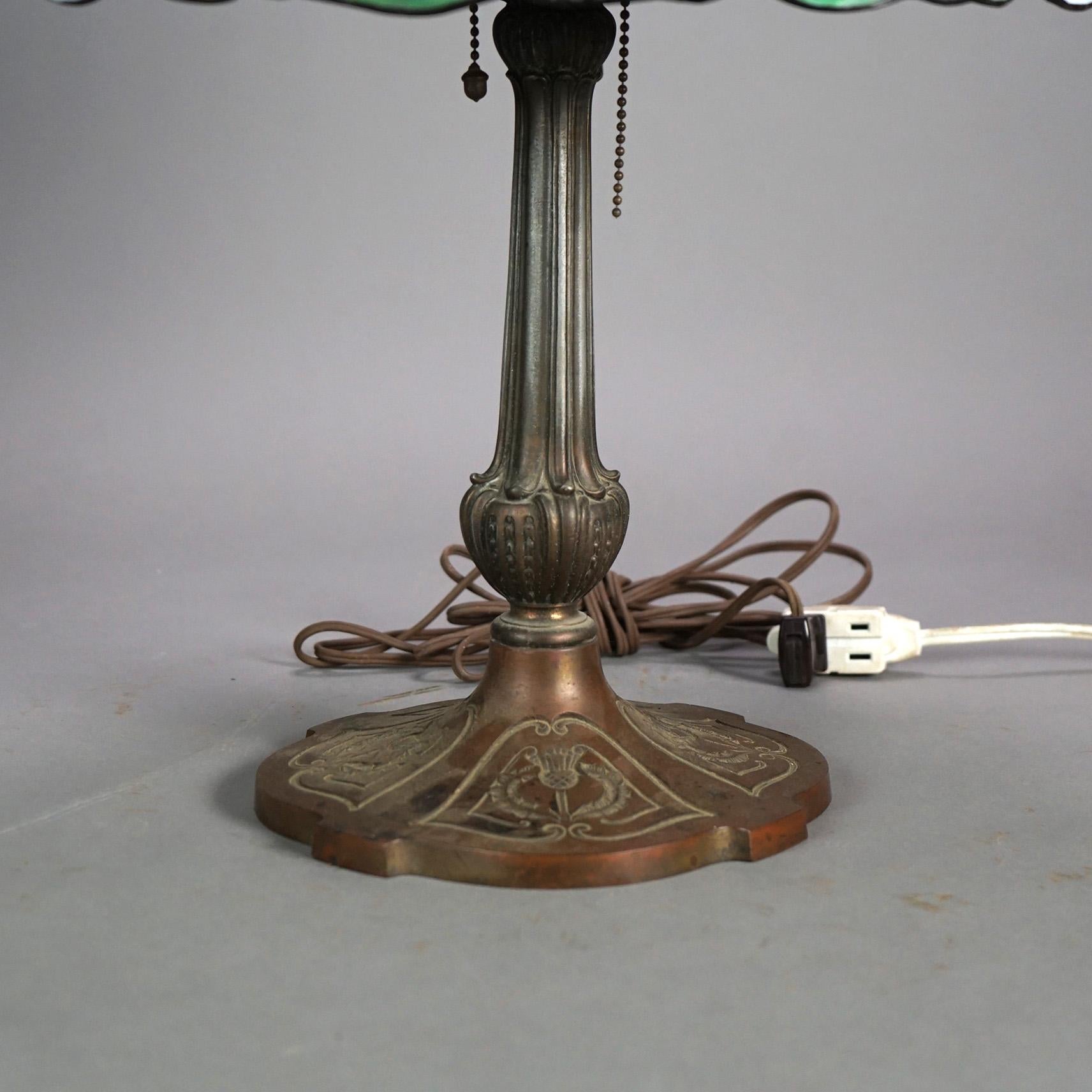 Arts and Crafts Tiffany Style Stained Glass Table Lamp with Flower & Butterfly Pattern 20thC