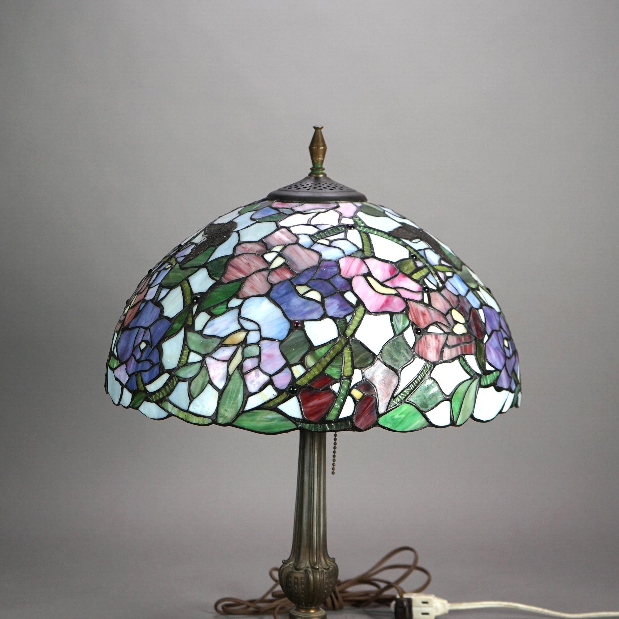 American Tiffany Style Stained Glass Table Lamp with Flower & Butterfly Pattern 20thC
