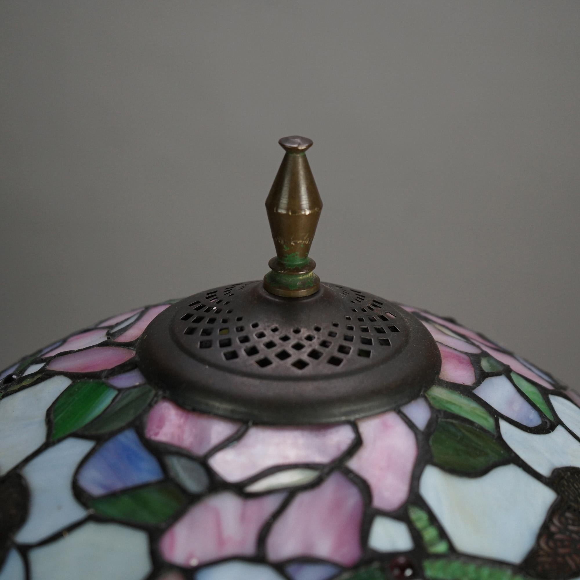 Cast Tiffany Style Stained Glass Table Lamp with Flower & Butterfly Pattern 20thC
