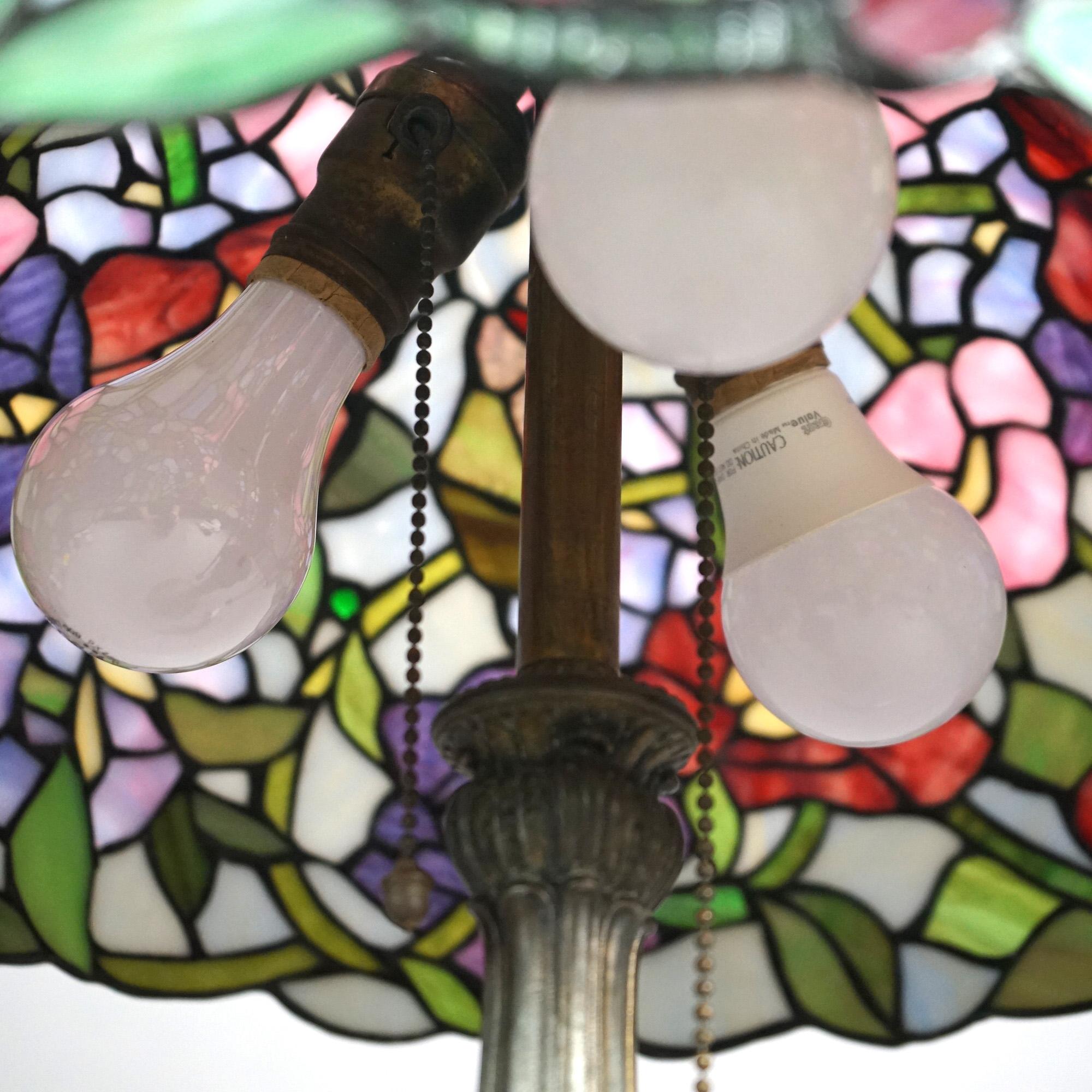 Tiffany Style Stained Glass Table Lamp with Flower & Butterfly Pattern 20thC In Good Condition In Big Flats, NY