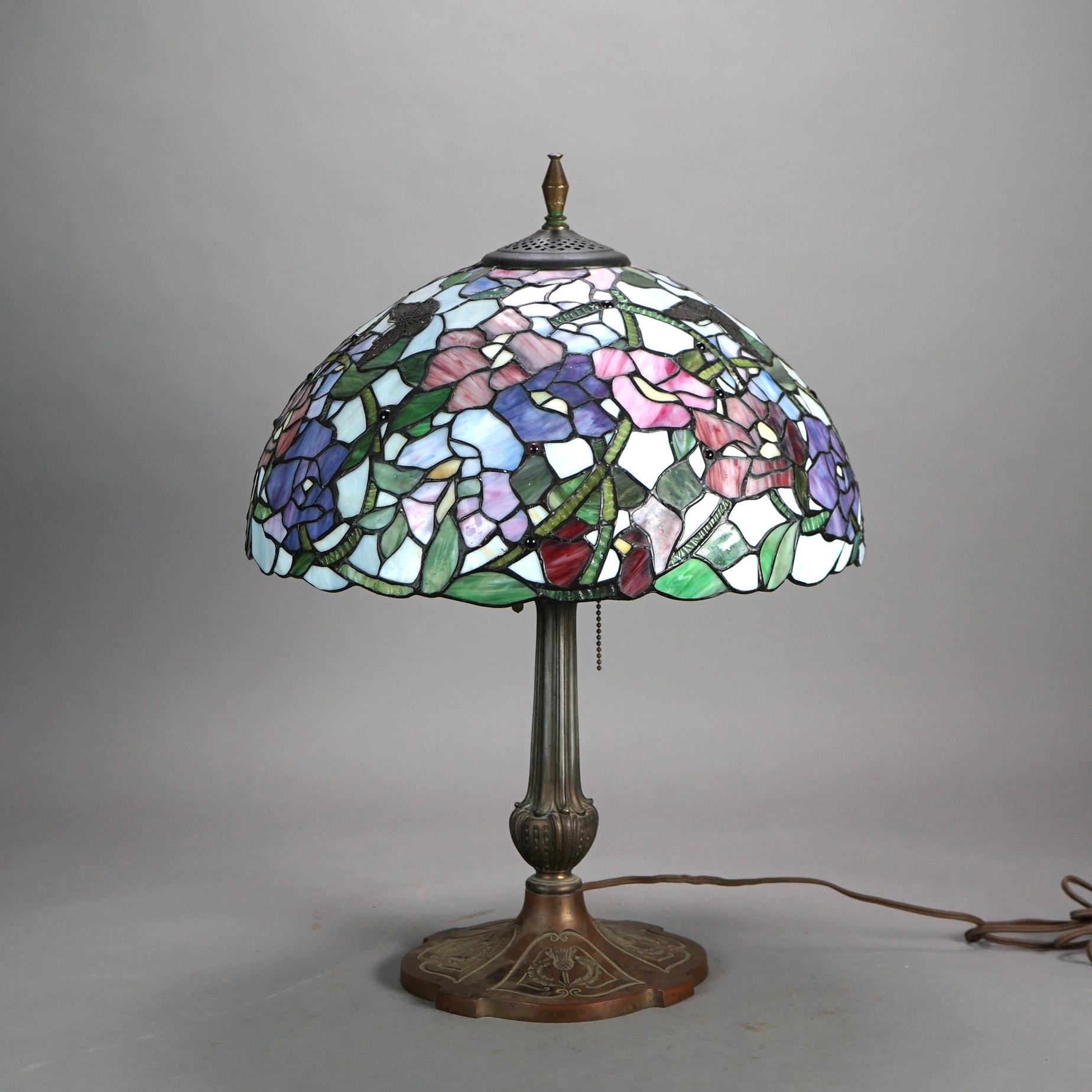 20th Century Tiffany Style Stained Glass Table Lamp with Flower & Butterfly Pattern 20thC