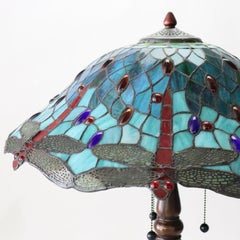 Tiffany Style Stained Leaded Glass Table Lamp With Jewels 20thC