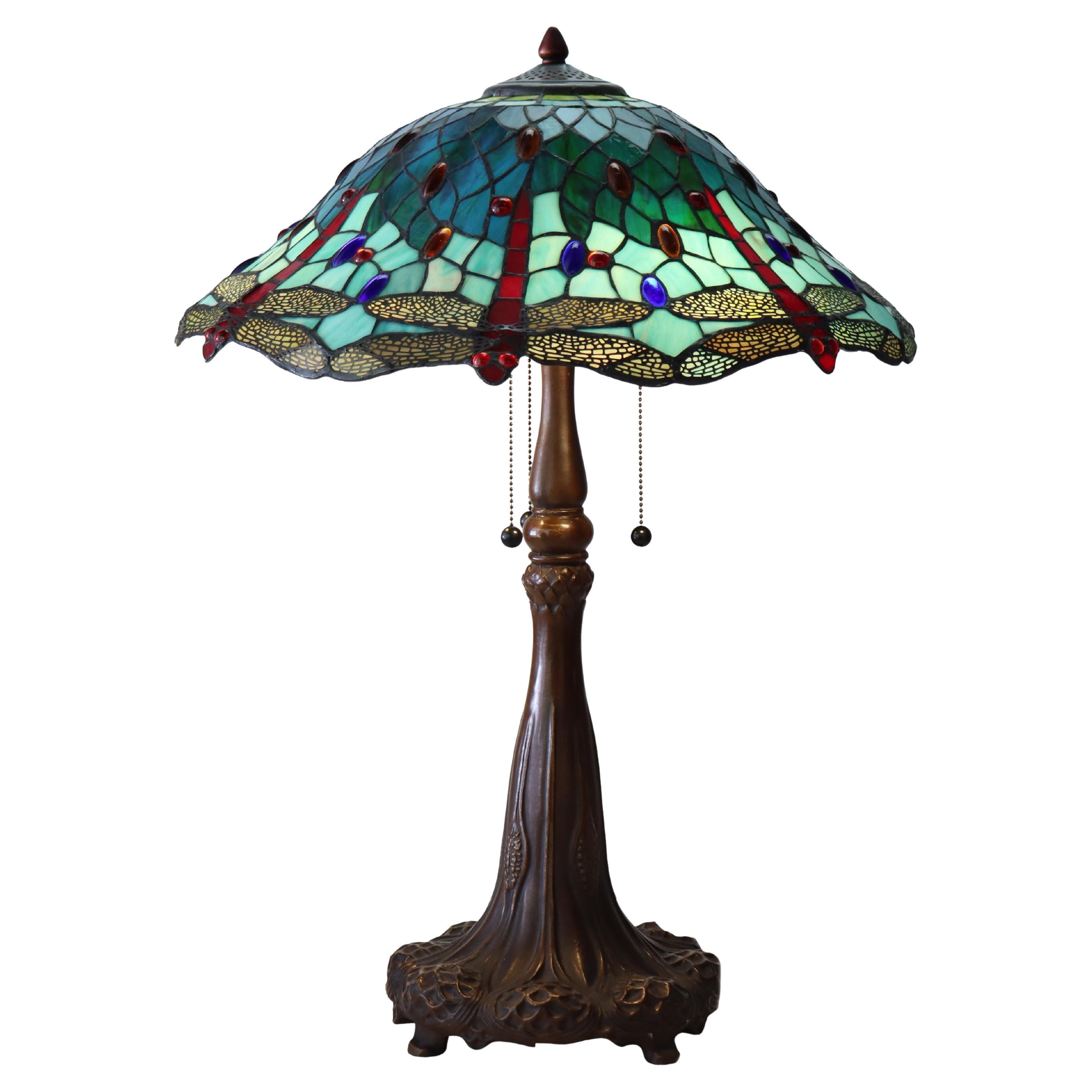 Tiffany Style Stained Leaded Glass Table Lamp With Jewels 20thC