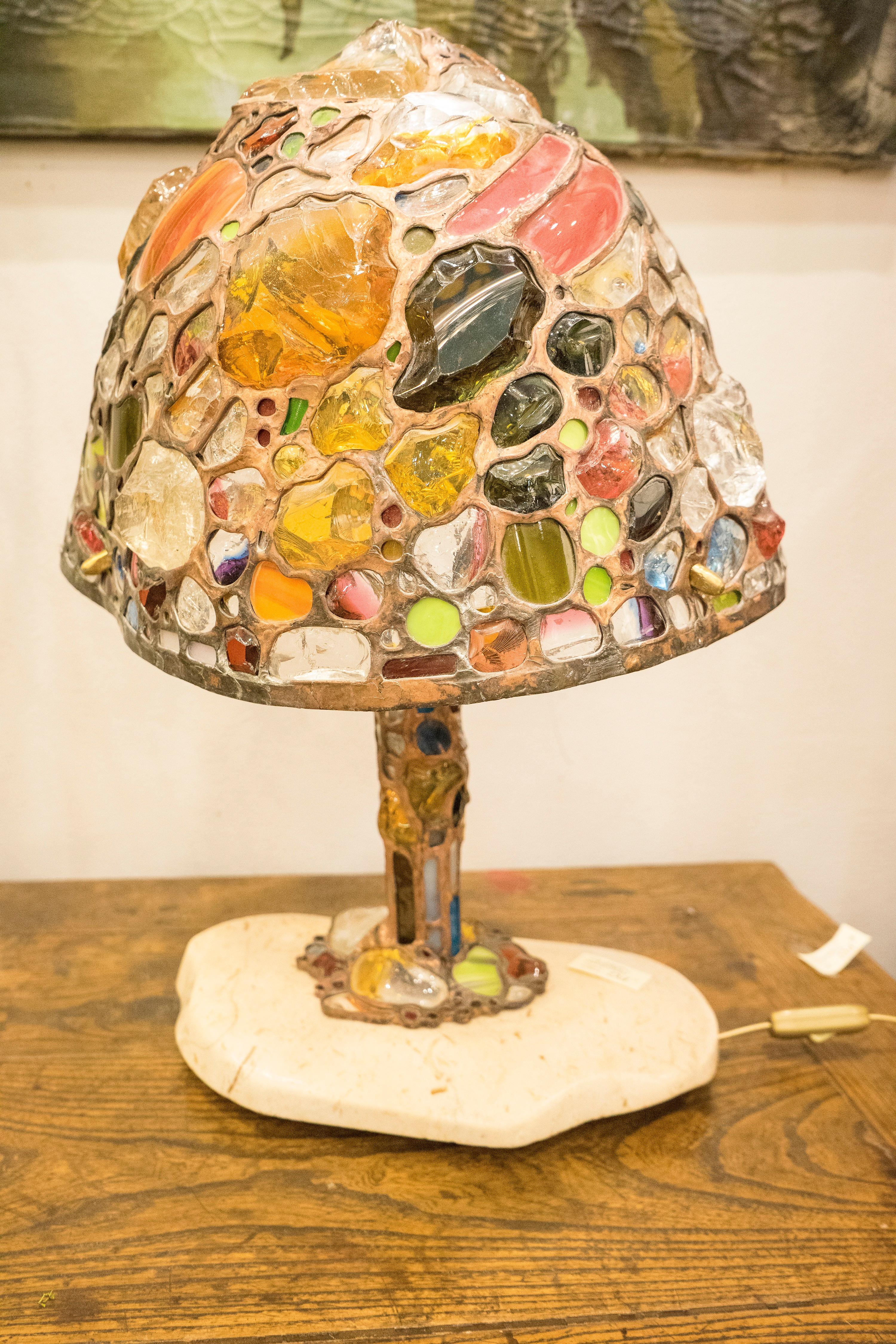 Tiffany Style Table Lamp, Coloreful  Glass and Leaded in Copper, Marble, Signed 7