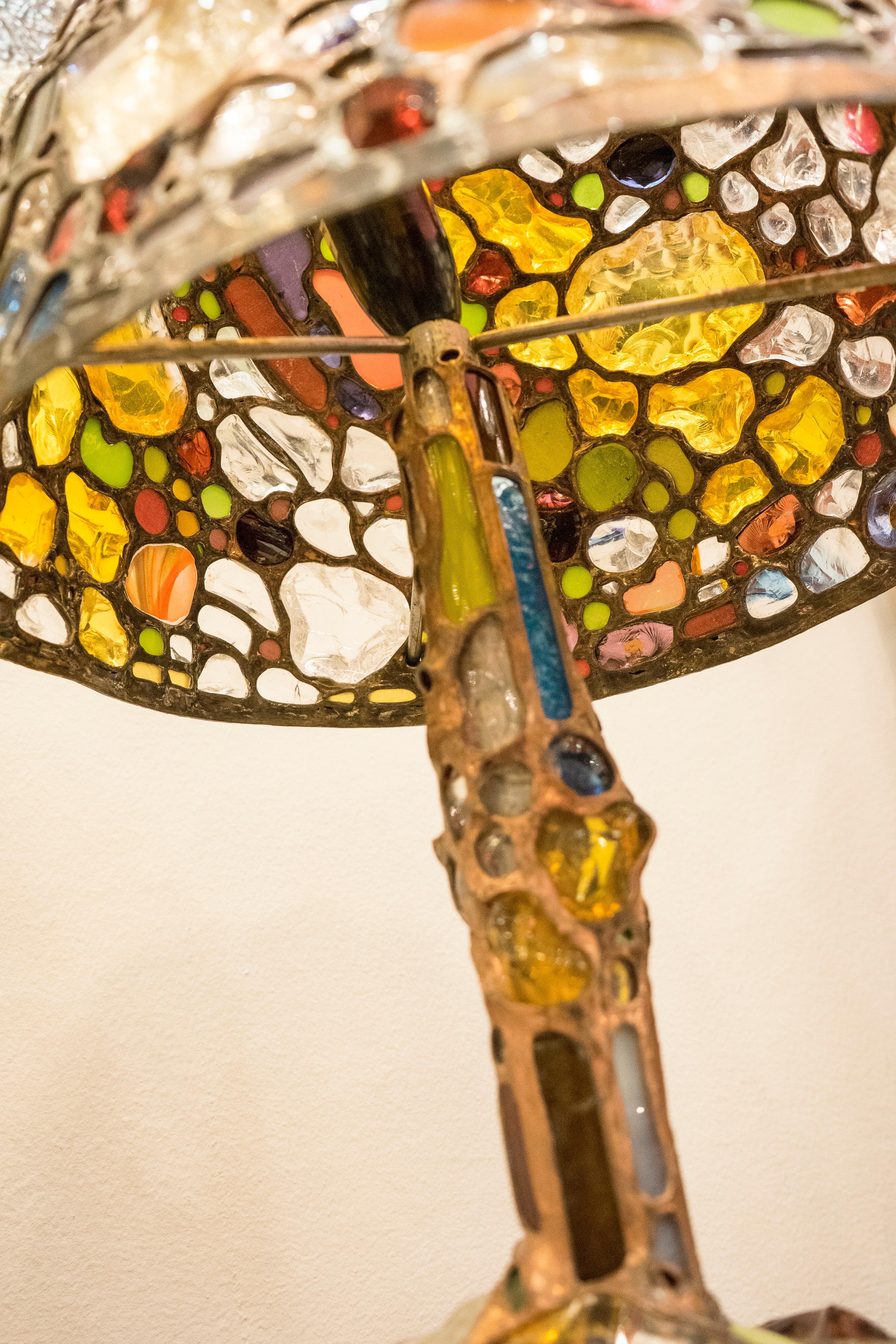 Tiffany Style Table Lamp, Coloreful  Glass and Leaded in Copper, Marble, Signed 8