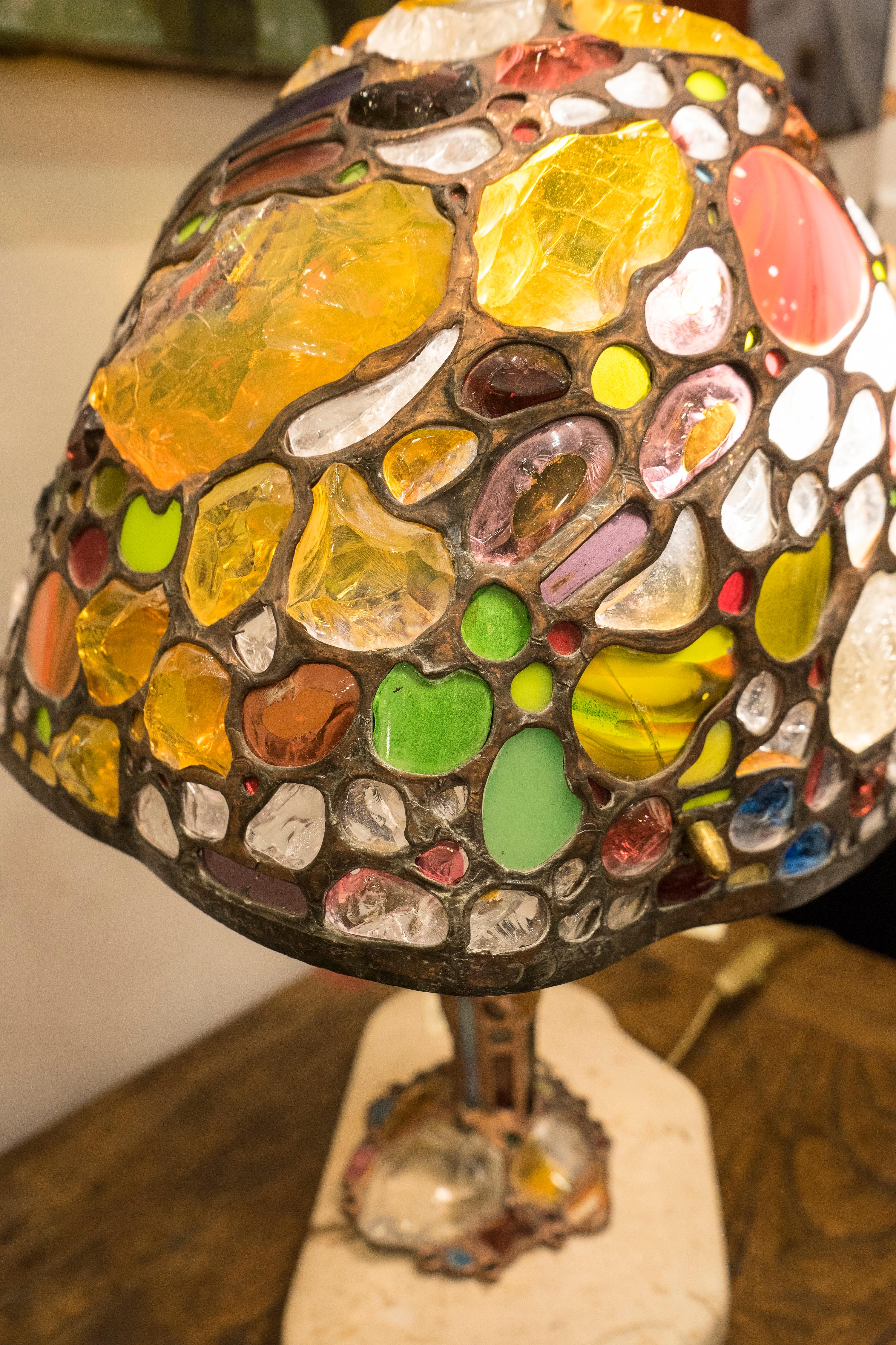 Amazing Tiffany style table lamp, in colored glass, different colors and shape, leaded with copper, hand craft. Marble in the base and signed. A touch of sophistication and the same time fun!!!. Is a unique piece and signed
Is a Czech contemporary