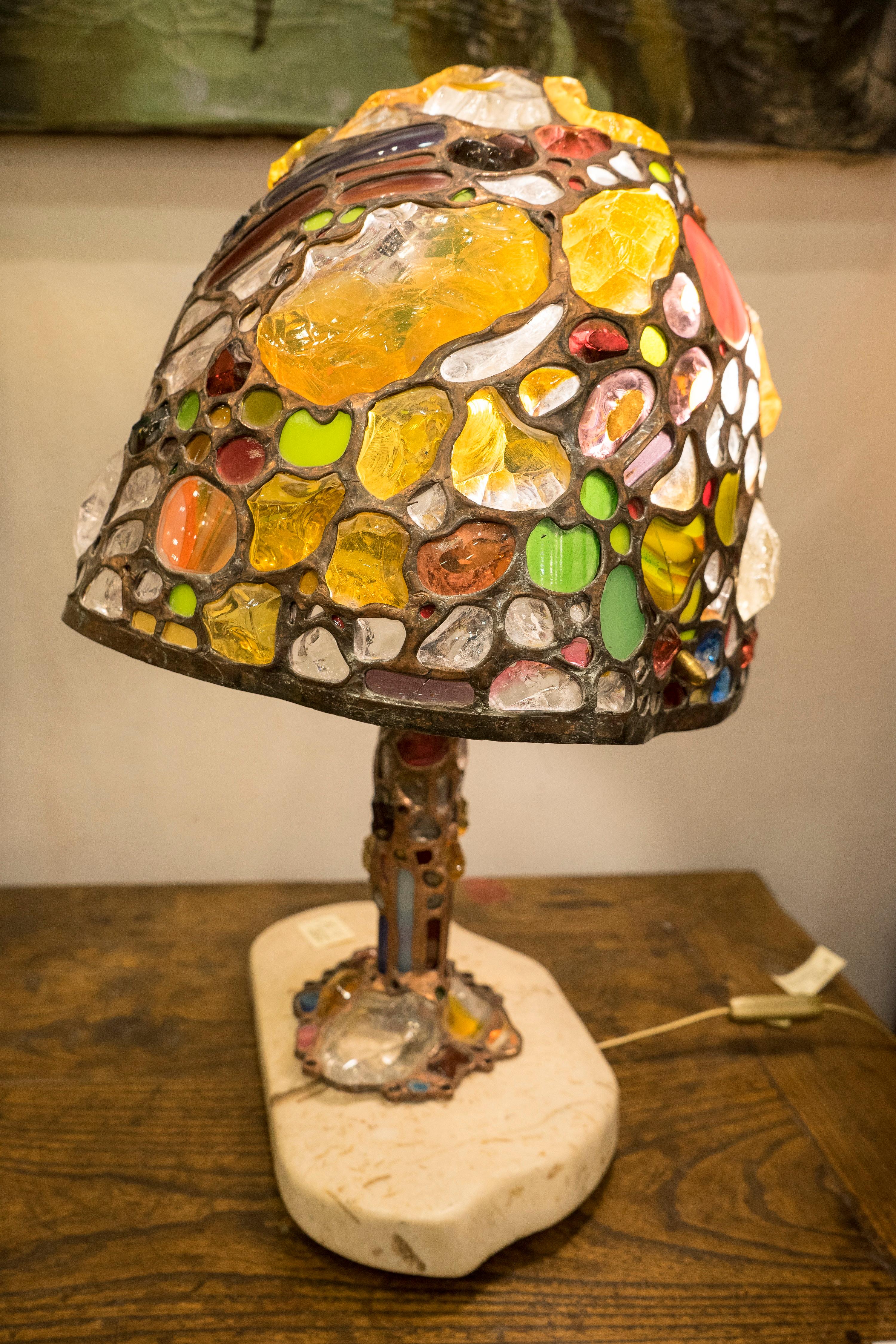 Tiffany Style Table Lamp, Coloreful  Glass and Leaded in Copper, Marble, Signed In Excellent Condition In Valladolid, ES