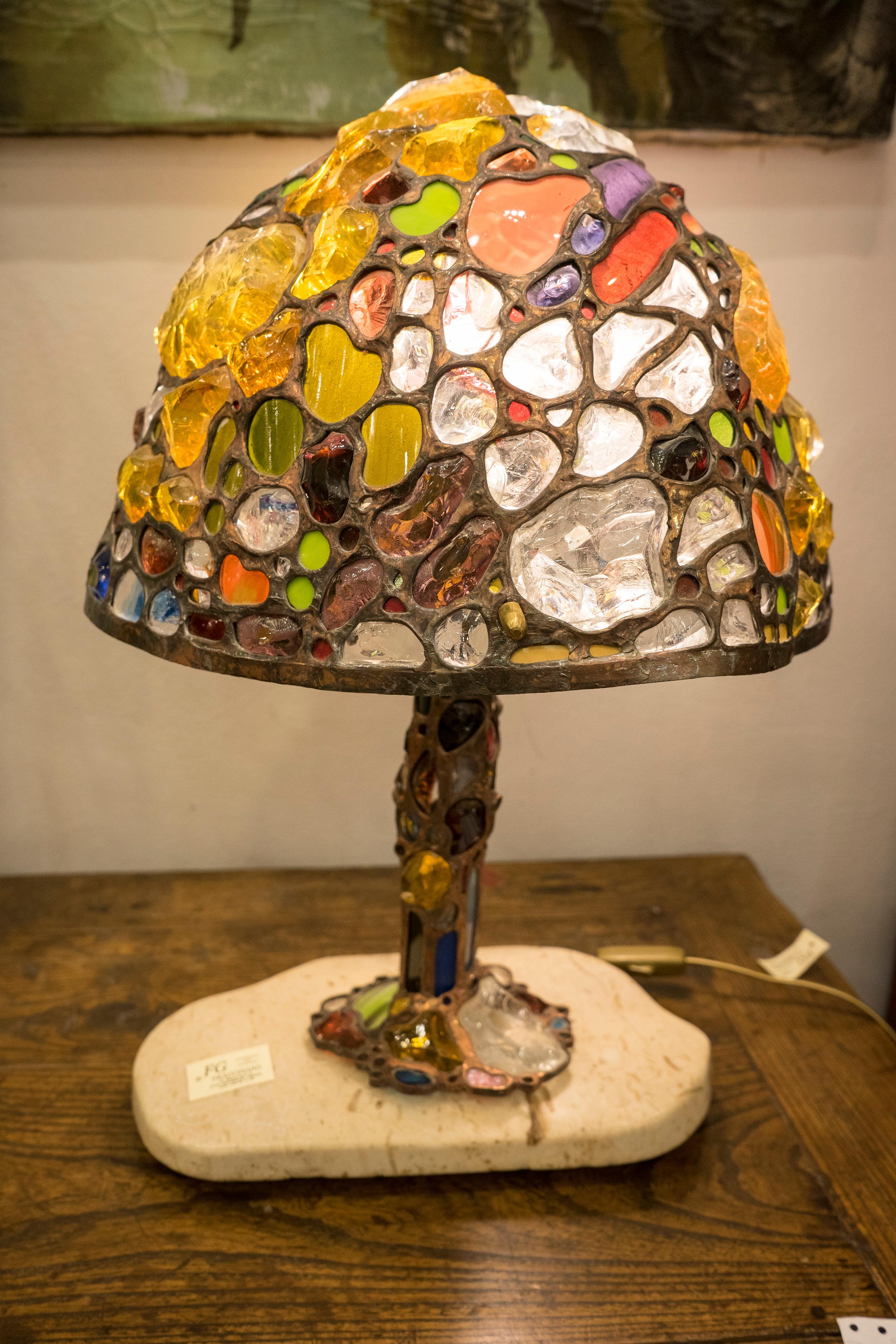 Contemporary Tiffany Style Table Lamp, Coloreful  Glass and Leaded in Copper, Marble, Signed