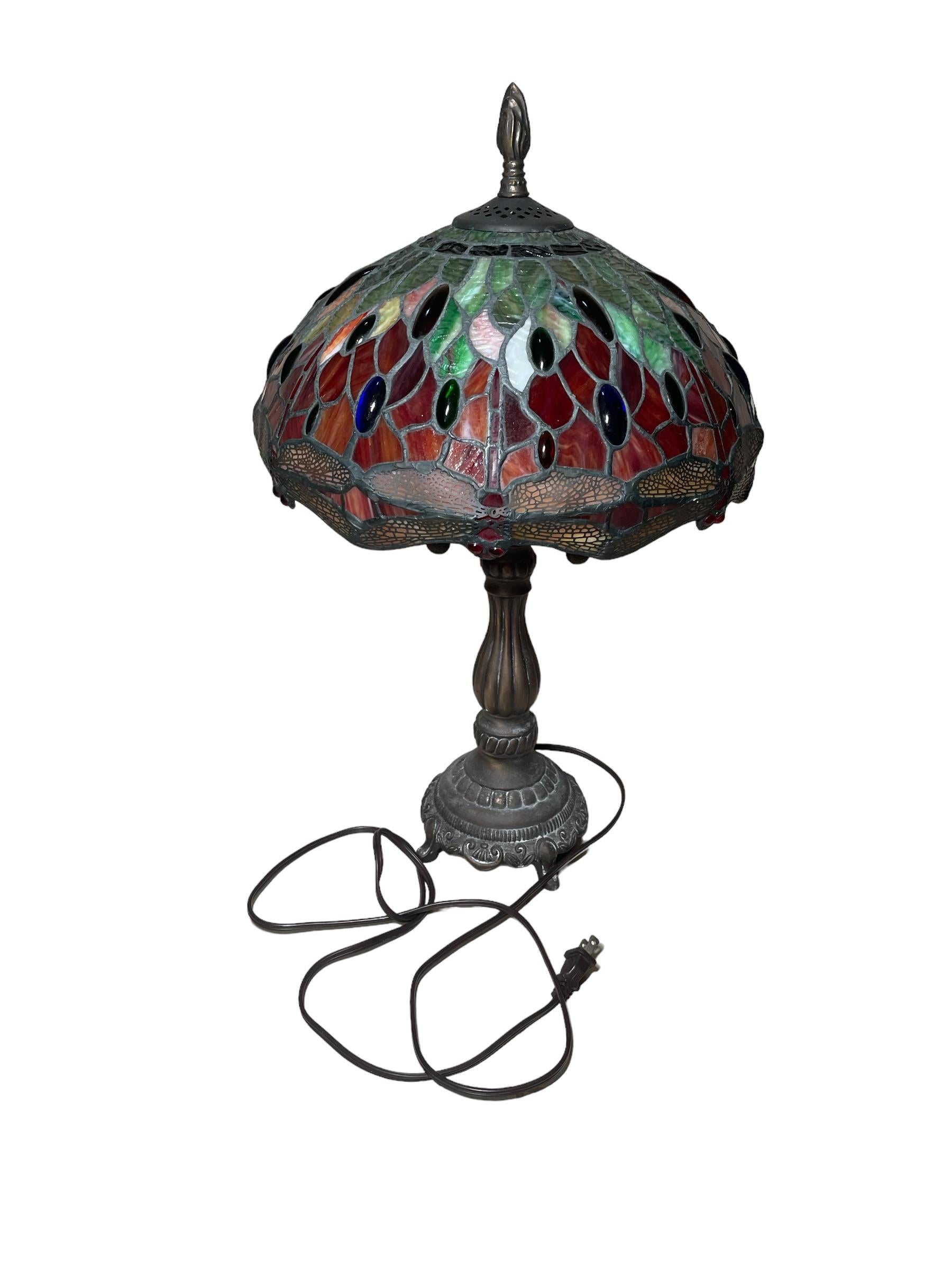 Stained Glass Tiffany Style Table Lamp With Dragonflies Design For Sale