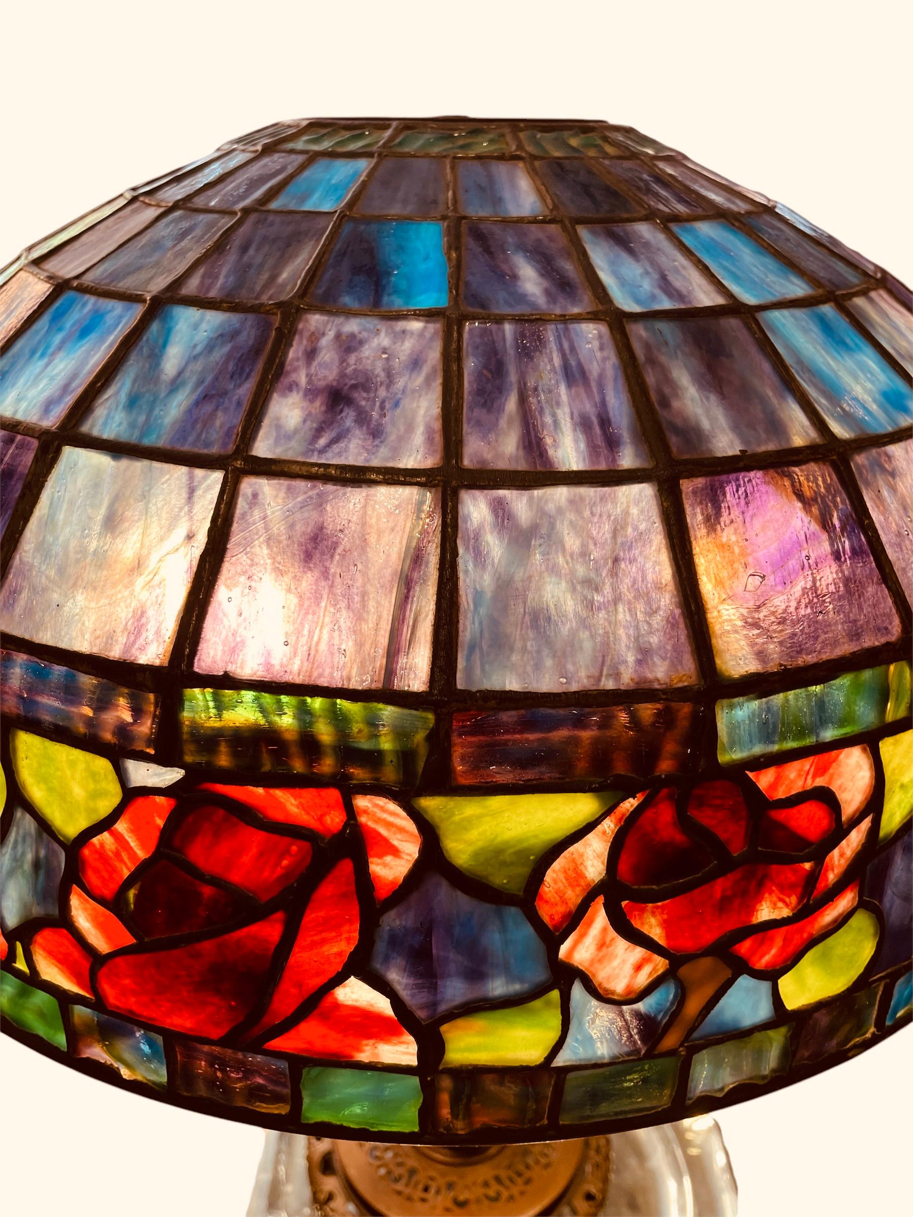 Tiffany Style Table Lamp With Red Roses Flowers For Sale 1