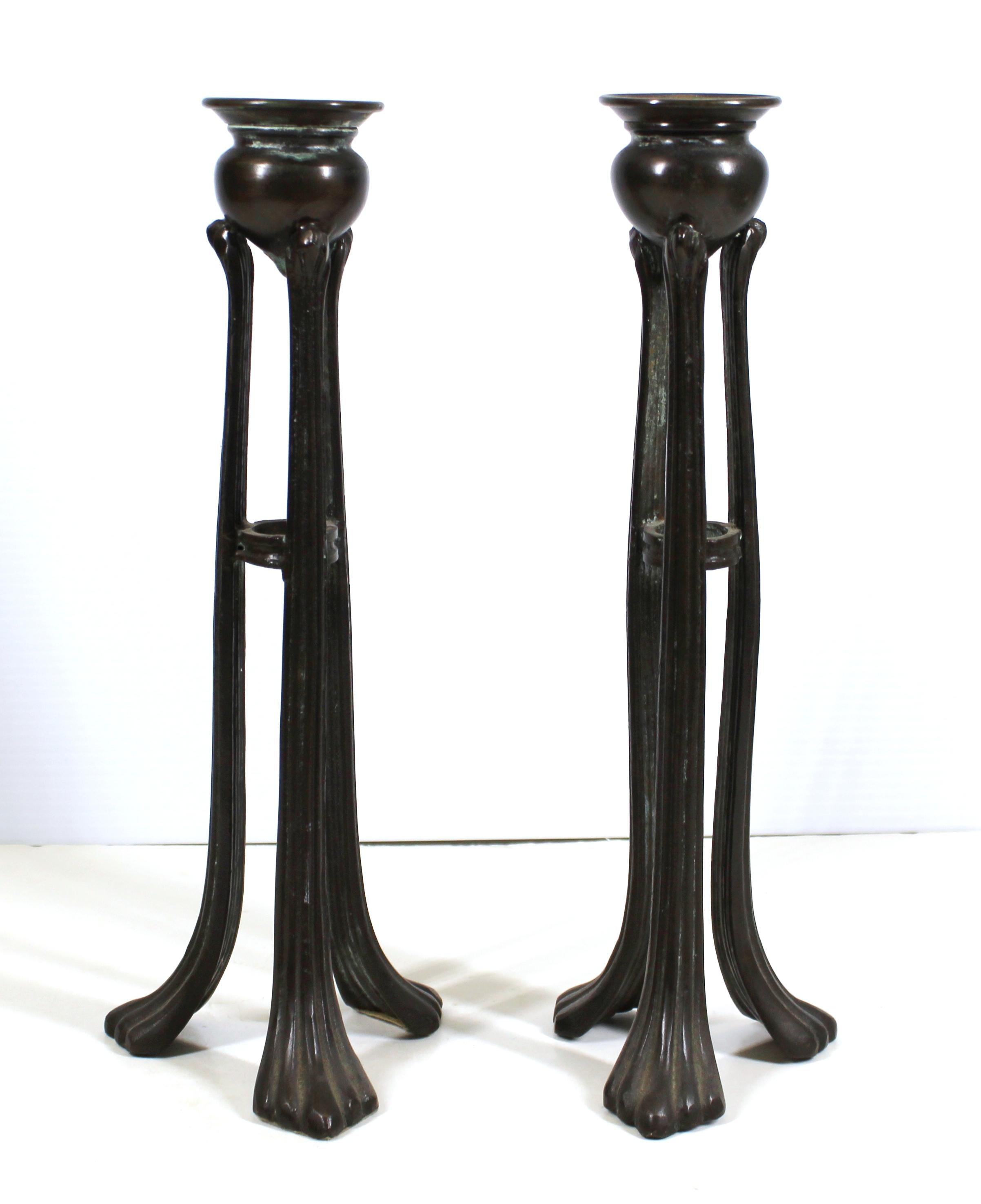 19th Century Tiffany Style Tripod Bronze Candlesticks