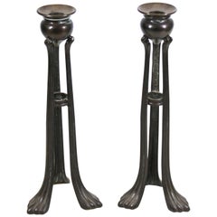 Tiffany Style Tripod Bronze Candlesticks