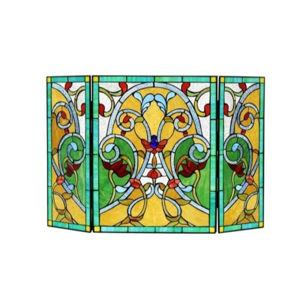 Myrtle, a Victorian vintage fire screen comes to life with beautiful arrangements of stained glass giving a colorfully array of warmth. Handcrafted using top quality glass piece adorned with a metal frame coated in a vintage patina. Wonderful