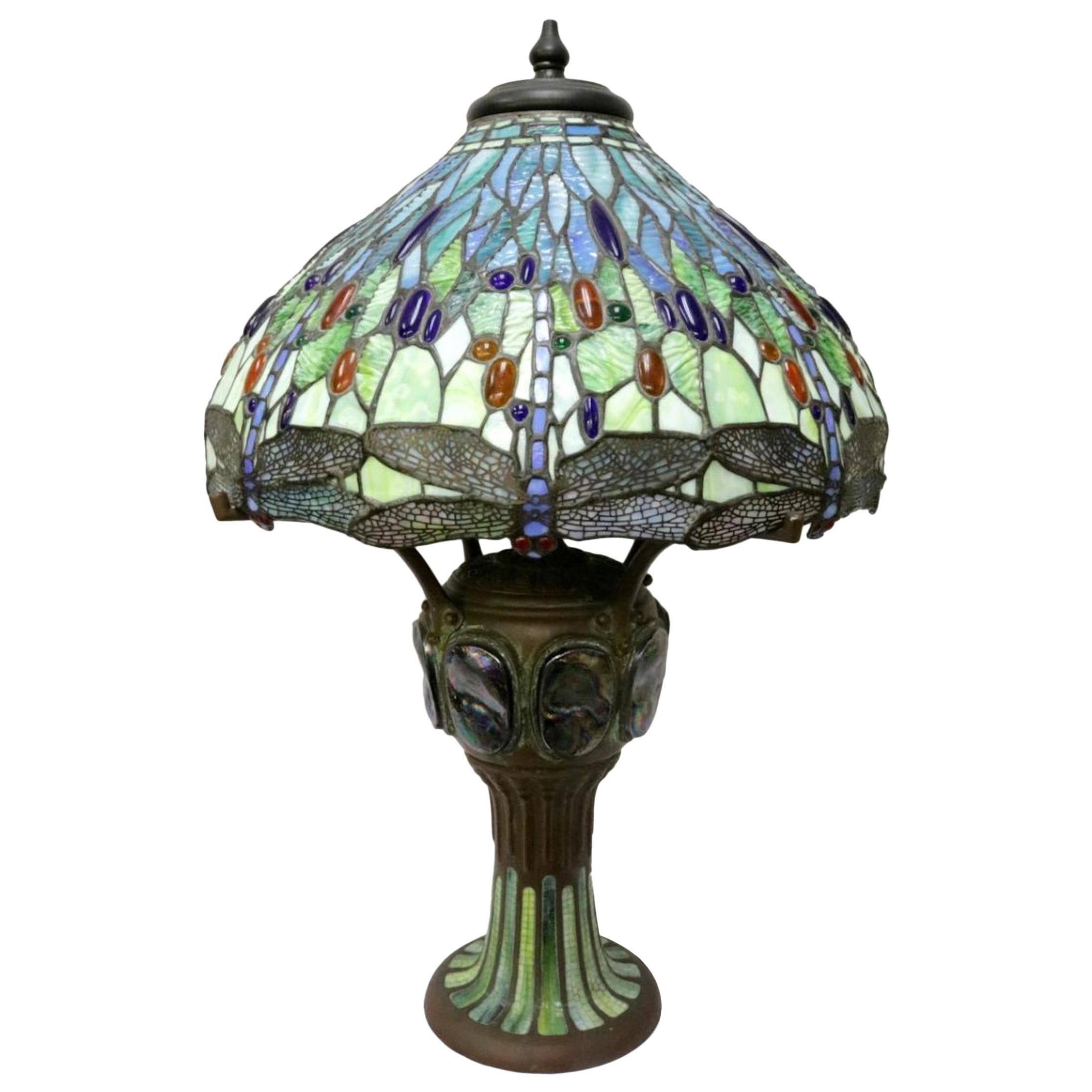 Tiffany Style Vintage Stained Glass Bronze Lamp For Sale