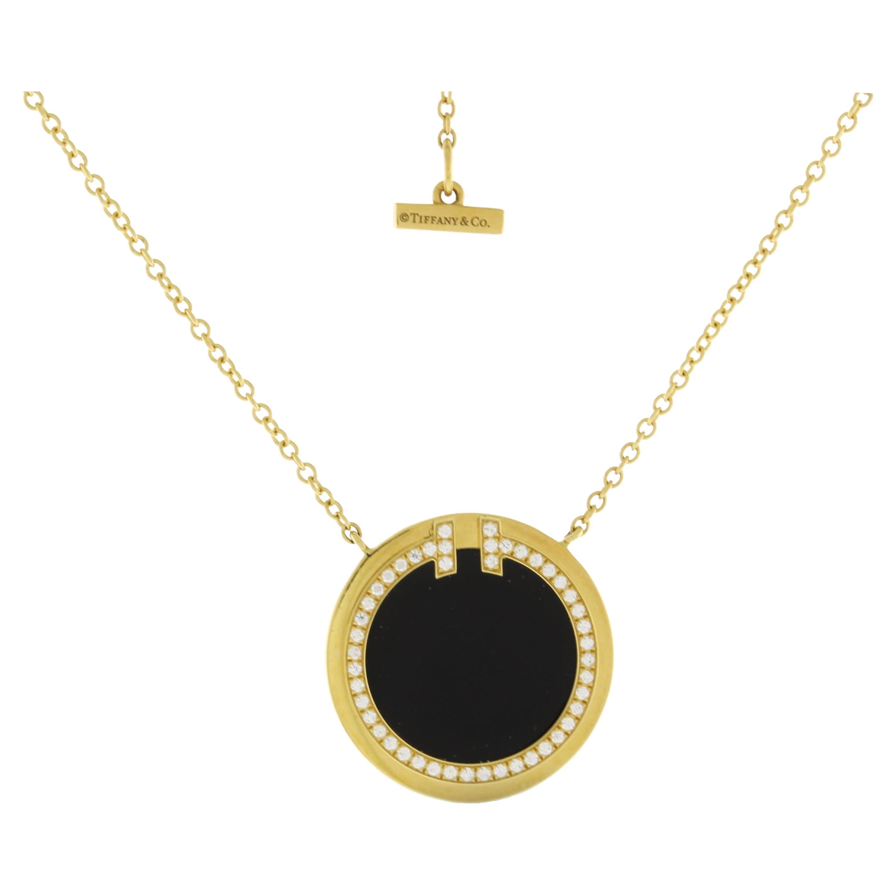 Tiffany T Diamond and Black Onyx Circle Pendant For Sale