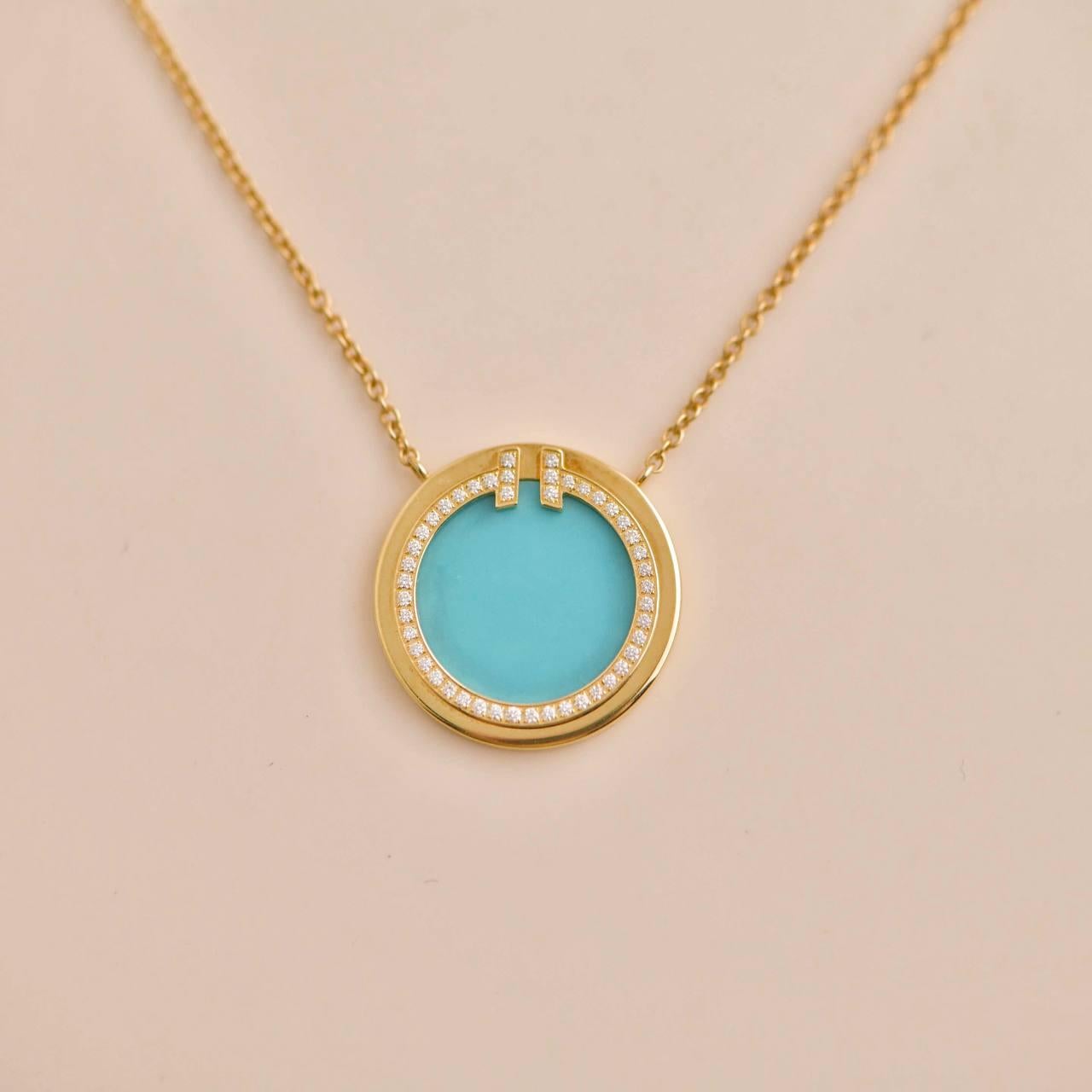 Brilliant Cut Tiffany T Diamond and Turquoise Circle Pendant For Sale